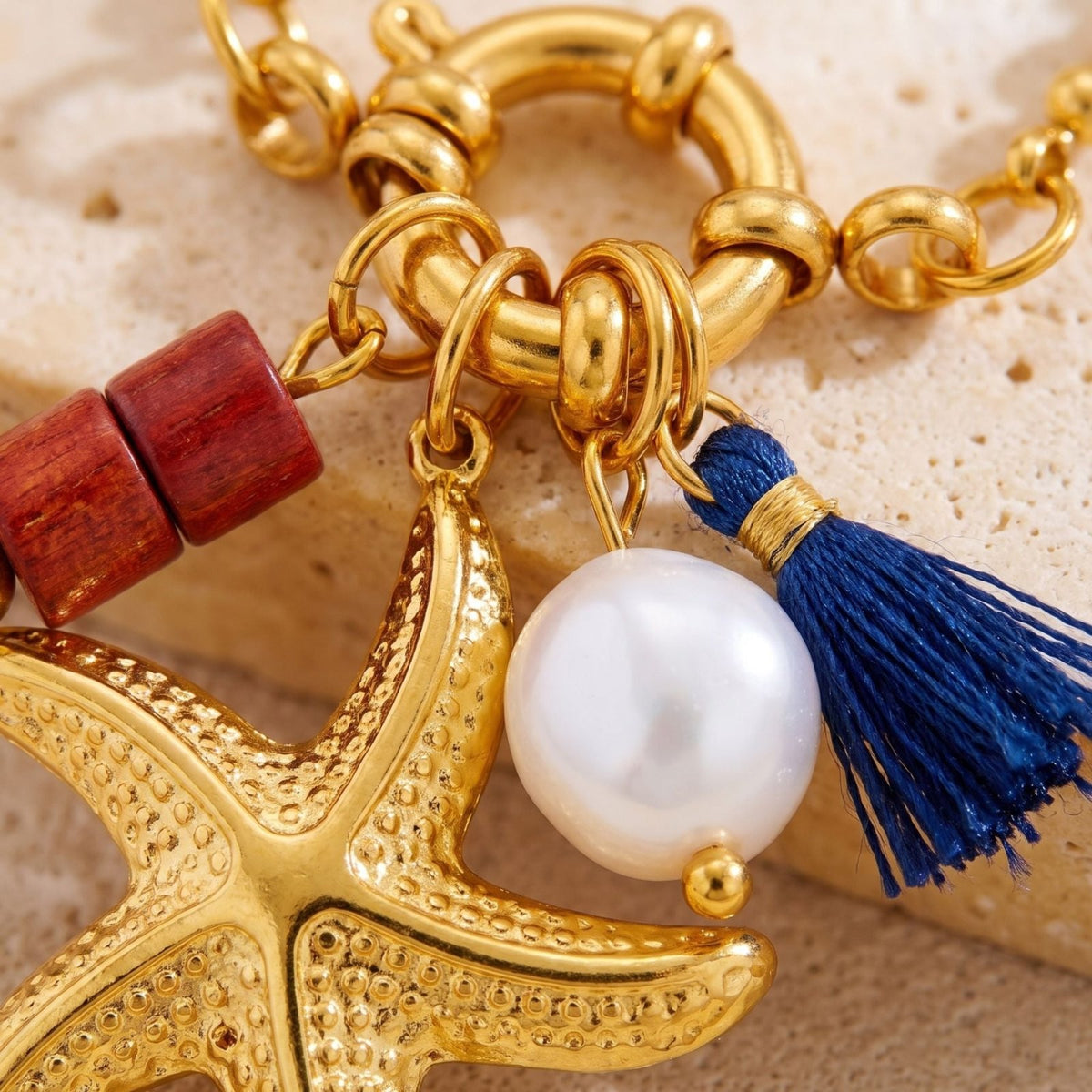 Collier océan pour femme, en acier inoxydable doré, pendentif étoile de mer avec perle et pompon coloré