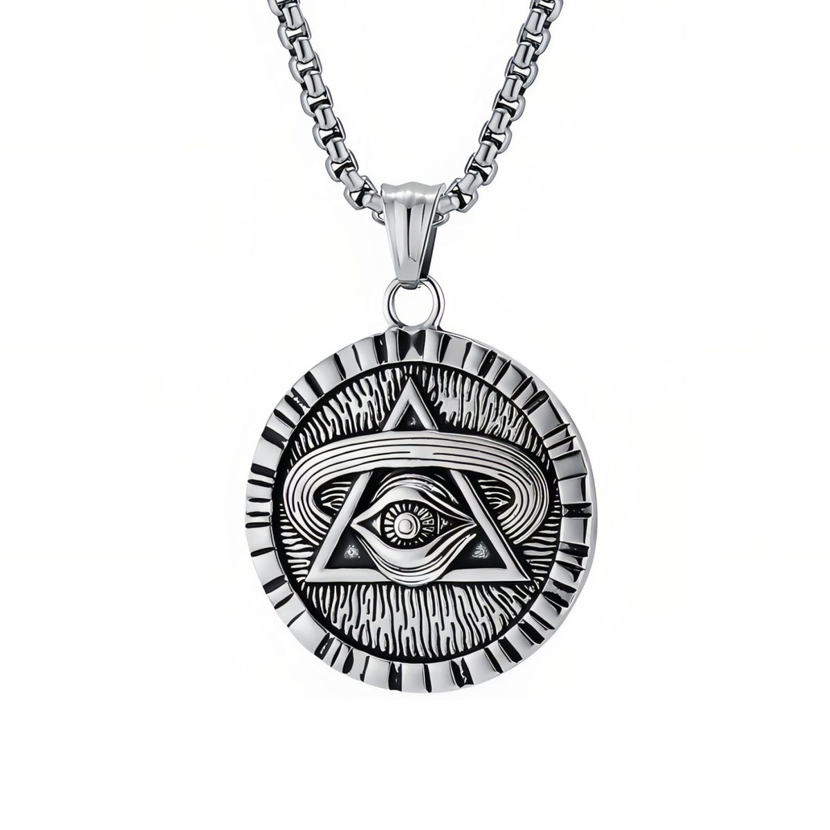 Collier Œil de la Providence pour homme, en acier inoxydable, médaillon ésotérique aux motifs gravés
