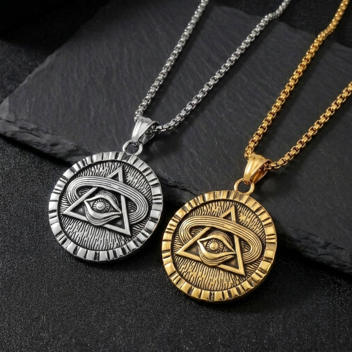 Collier Œil de la Providence pour homme, en acier inoxydable, médaillon ésotérique aux motifs gravés