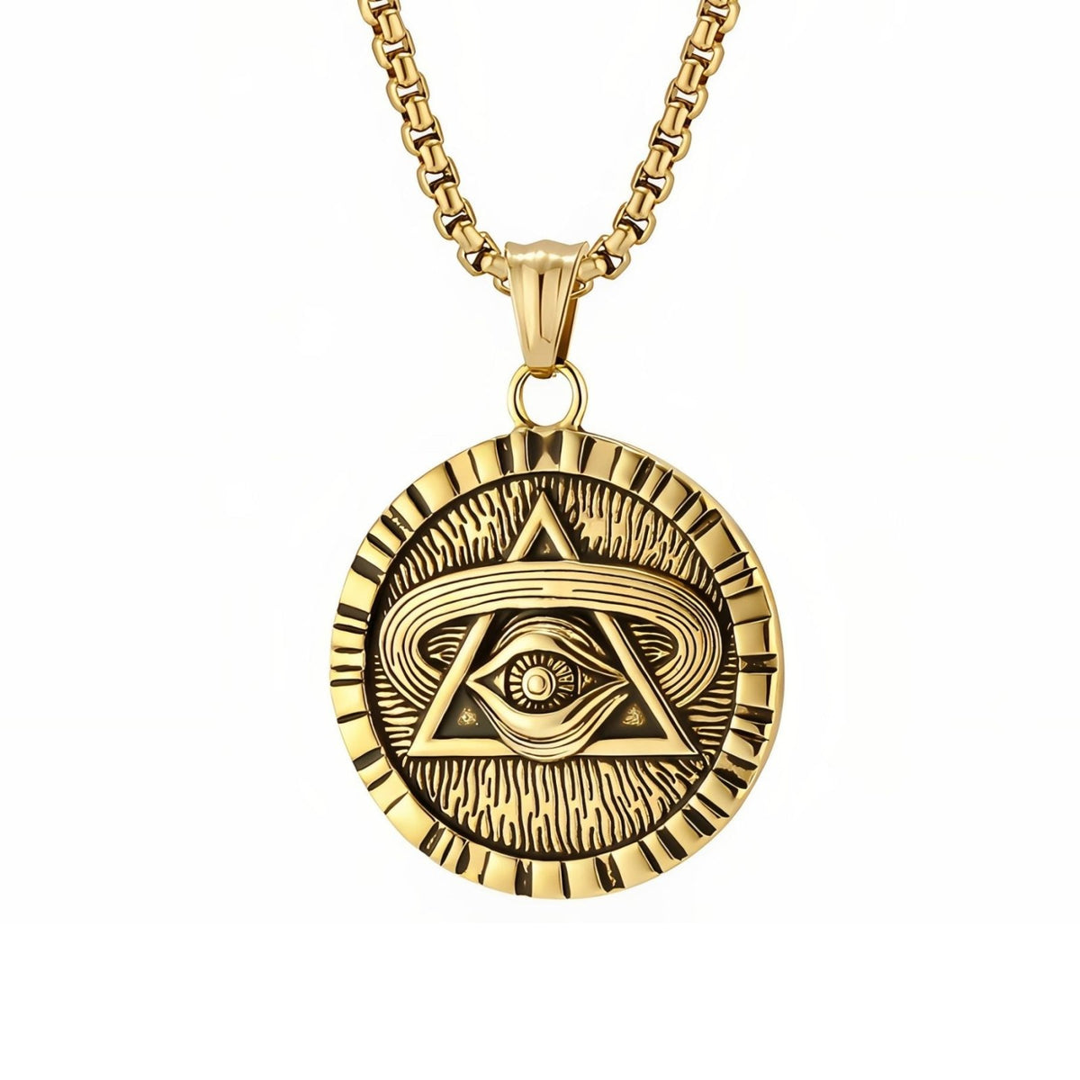 Collier Œil de la Providence pour homme, en acier inoxydable, médaillon ésotérique aux motifs gravés