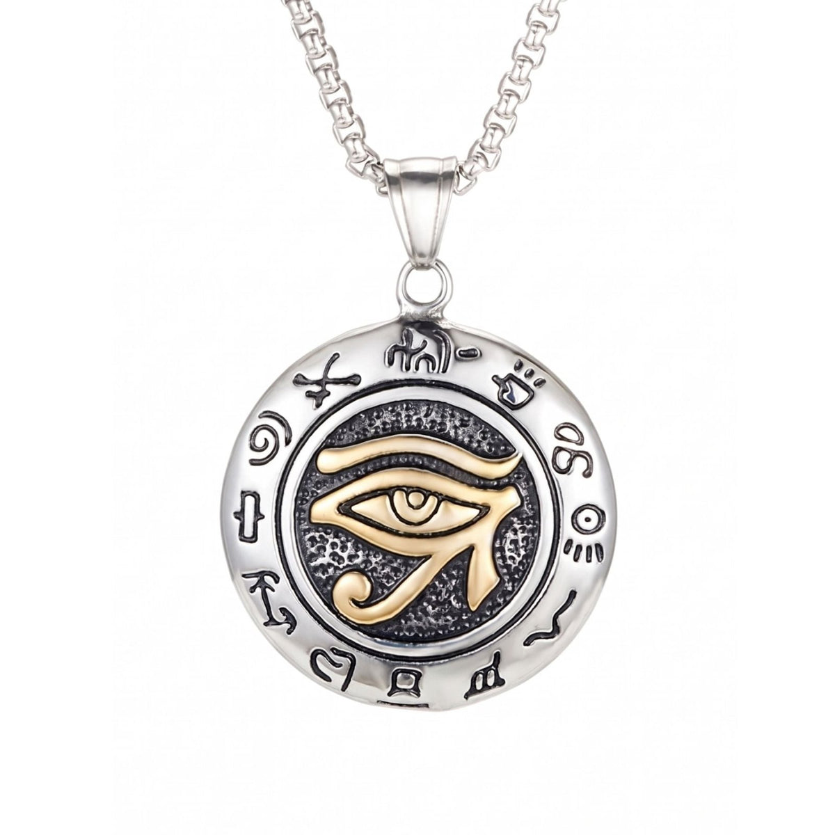 Collier Œil d’Horus pour homme, en acier inoxydable, pendentif égyptien avec hiéroglyphes gravés