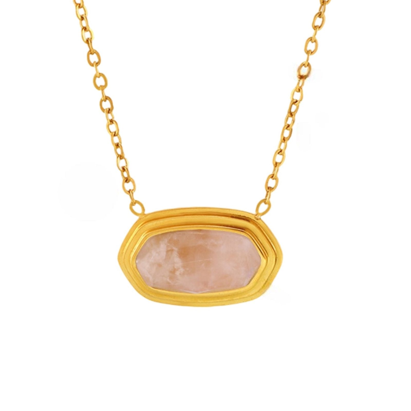 Collier ovale élégant avec pierre naturelle facettée, acier inoxydable et placage or 18K