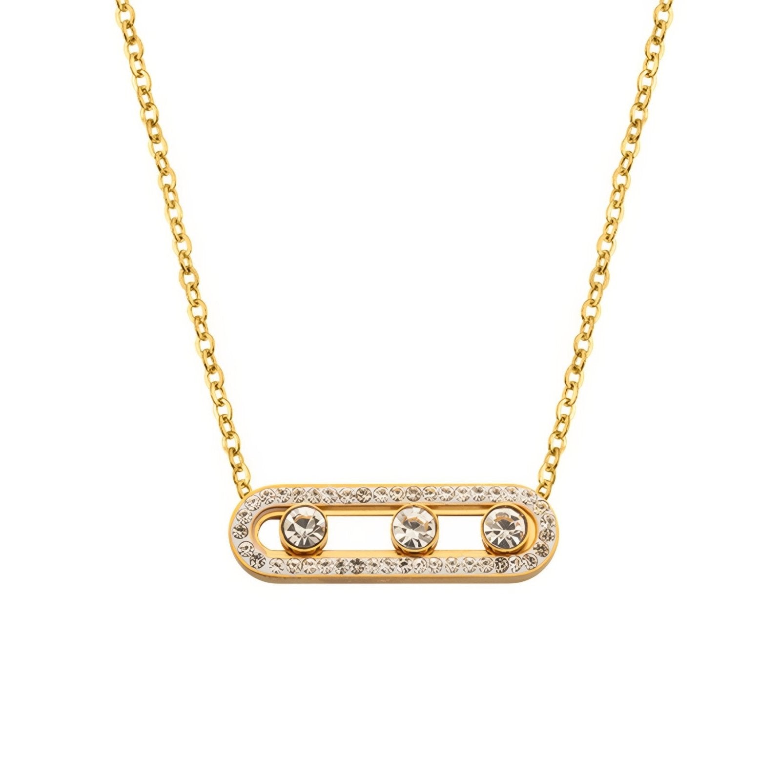 Collier pavé rectangulaire orné de trois pierres rondes, zircons brillants, acier inoxydable plaqué or 18K
