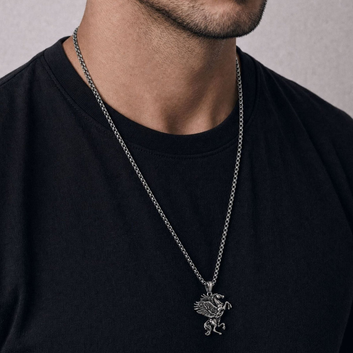 Collier Pégase pour homme, en acier inoxydable, pendentif cheval ailé sculpté au style mythologique