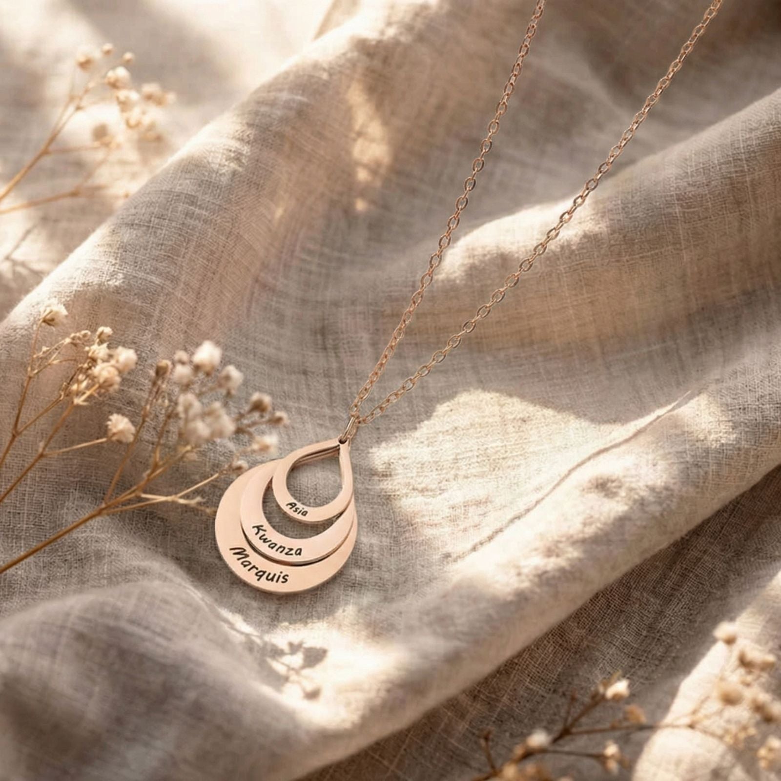 Collier pendentif 3 prénoms, forme goutte en acier inoxydable, pour femme