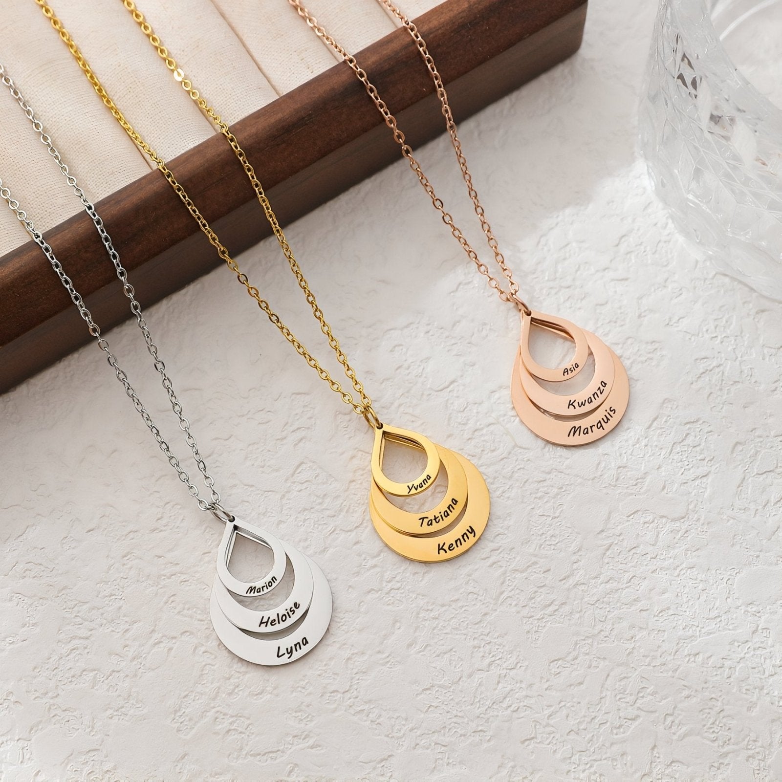 Collier pendentif 3 prénoms, forme goutte en acier inoxydable, pour femme, modèle Talia