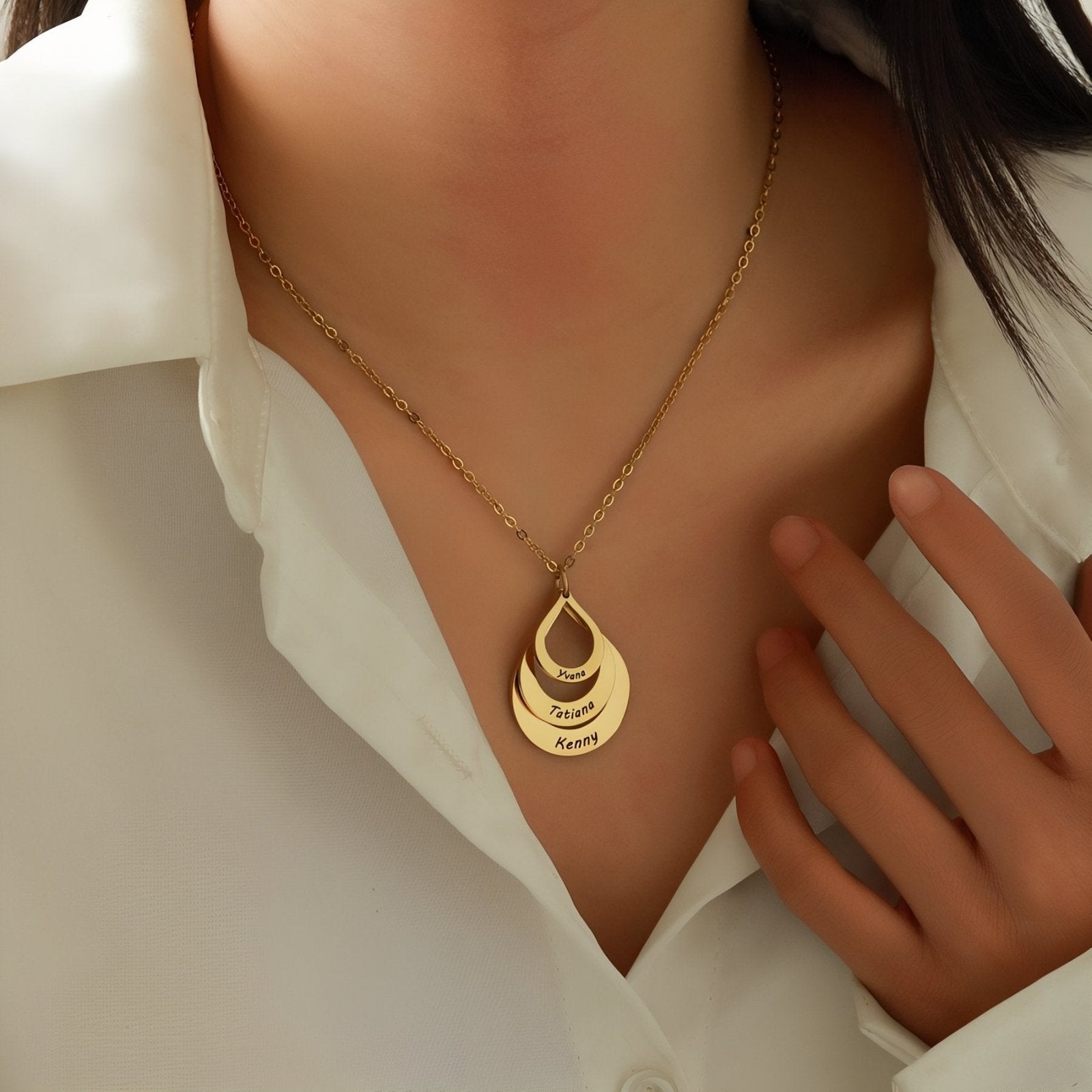 Collier pendentif 3 prénoms, forme goutte en acier inoxydable, pour femme, modèle Talia
