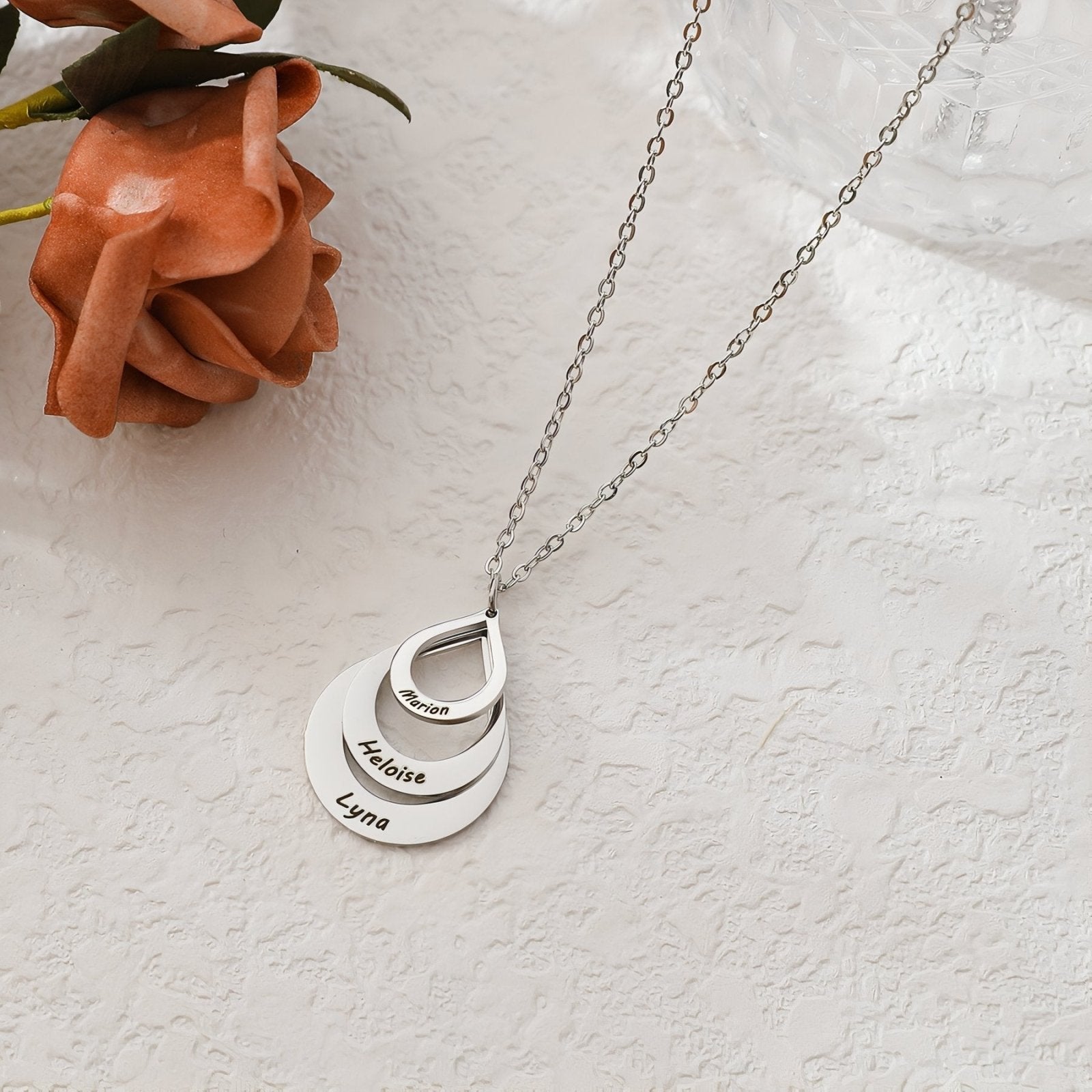 Collier pendentif 3 prénoms, forme goutte en acier inoxydable, pour femme, modèle Talia