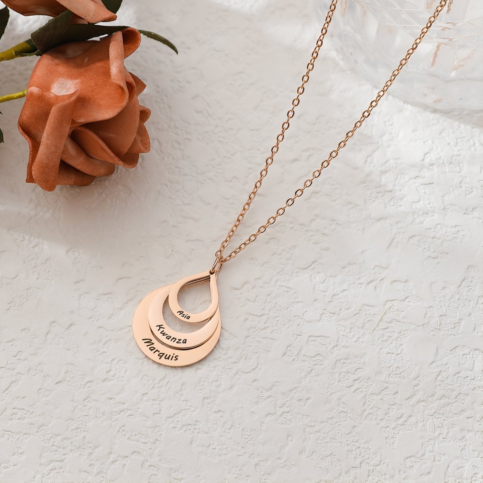 Collier pendentif 3 prénoms, forme goutte en acier inoxydable, pour femme, modèle Talia