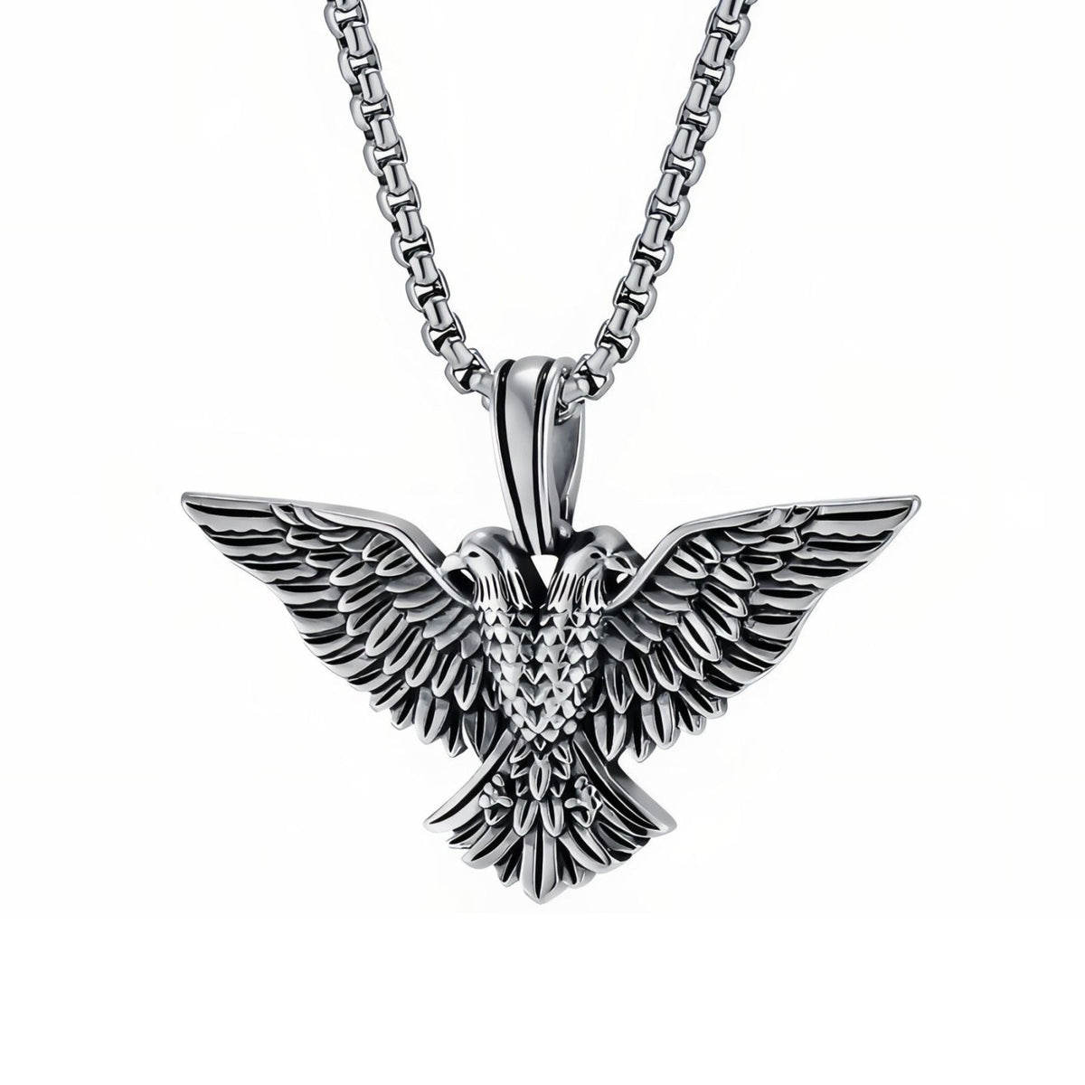 Collier pendentif aigle à deux têtes pour homme, en acier inoxydable, design animalier aux plumes finement sculptées