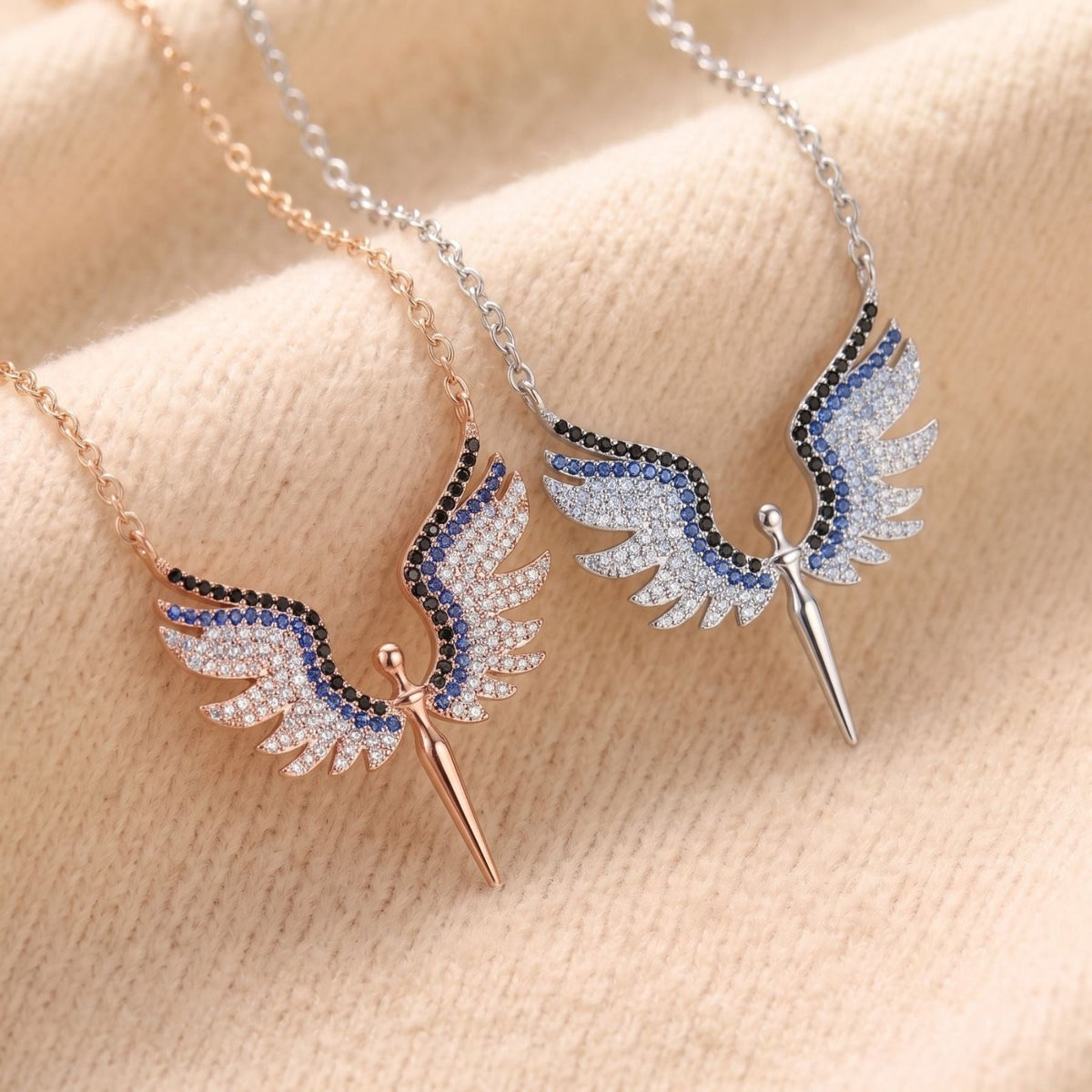 Collier pendentif ailes d’ange pour femme, en argent 925, avec pierres scintillantes