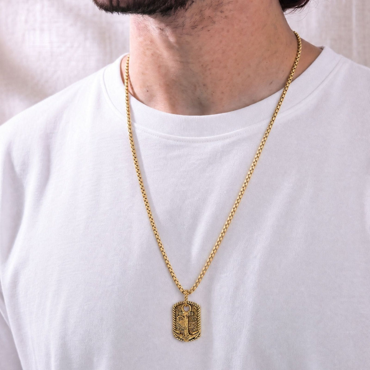 Collier pendentif ancre marine pour homme, en acier inoxydable, plaque sculptée avec motif de vagues