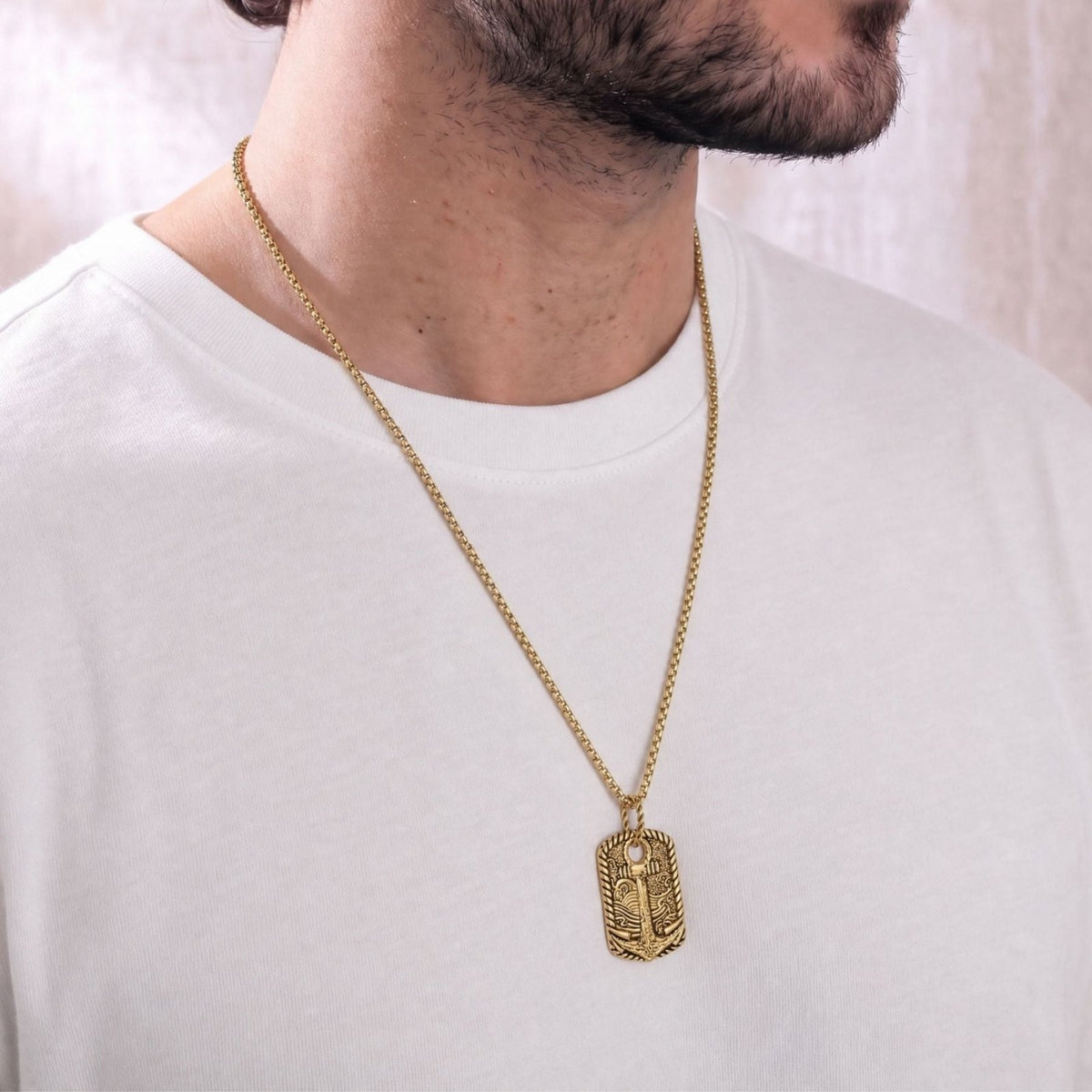 Collier pendentif ancre marine pour homme, en acier inoxydable, plaque sculptée avec motif de vagues