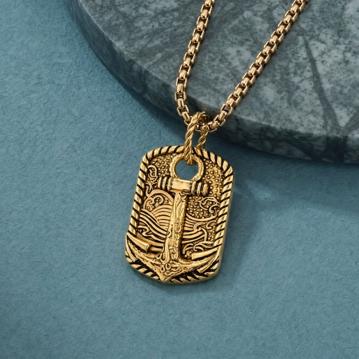 Collier pendentif ancre marine pour homme, en acier inoxydable, plaque sculptée avec motif de vagues