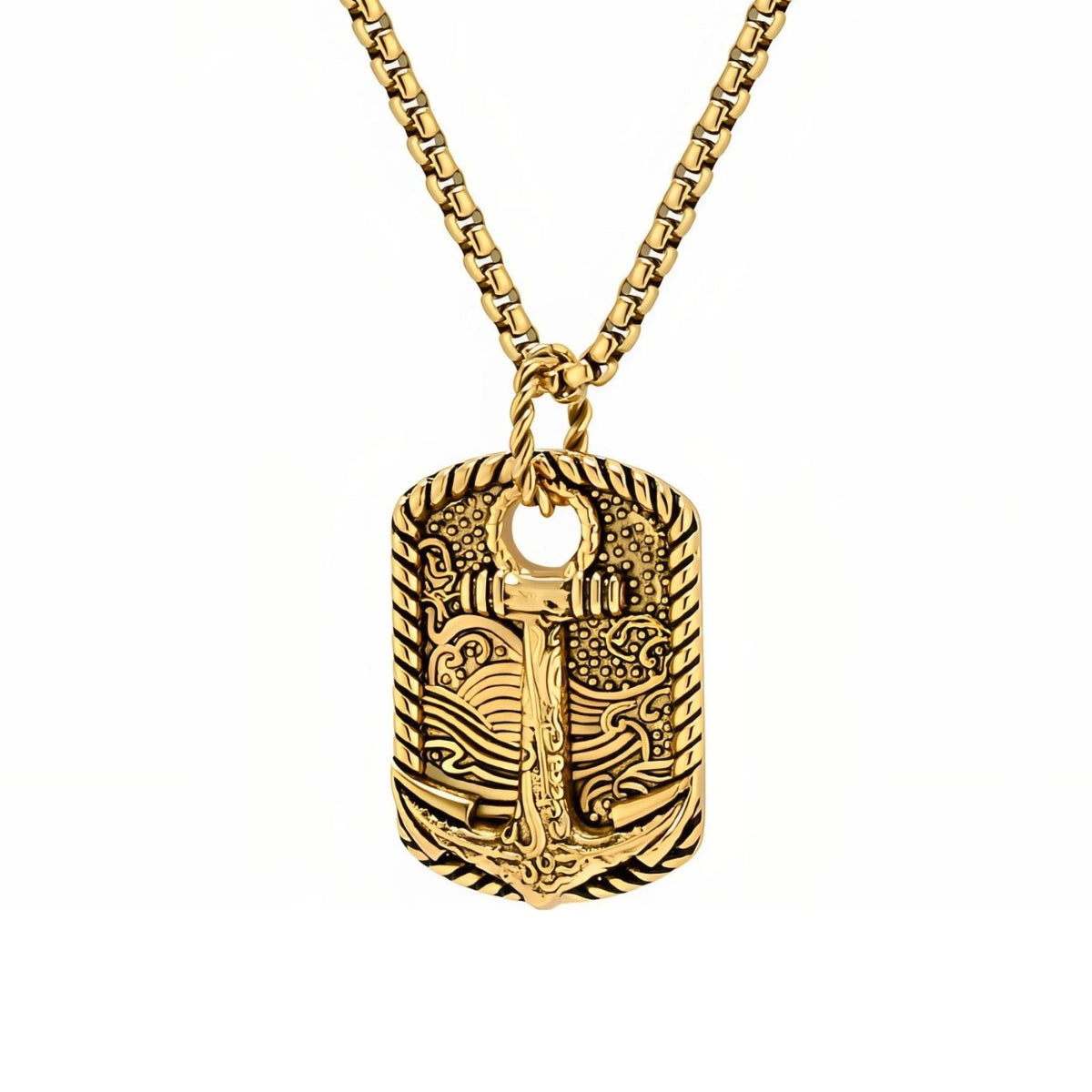 Collier pendentif ancre marine pour homme, en acier inoxydable, plaque sculptée avec motif de vagues