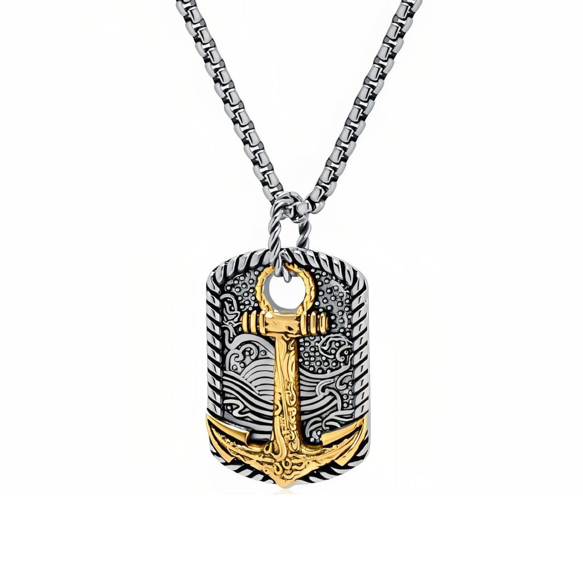 Collier pendentif ancre marine pour homme, en acier inoxydable, plaque sculptée avec motif de vagues