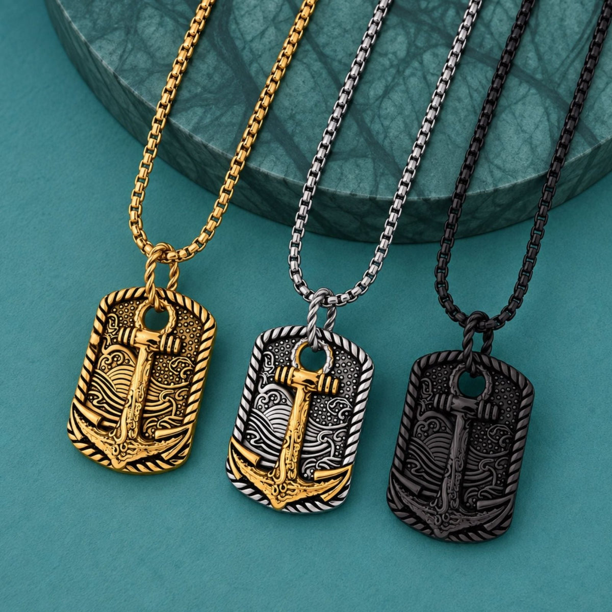 Collier pendentif ancre marine pour homme, en acier inoxydable, plaque sculptée avec motif de vagues
