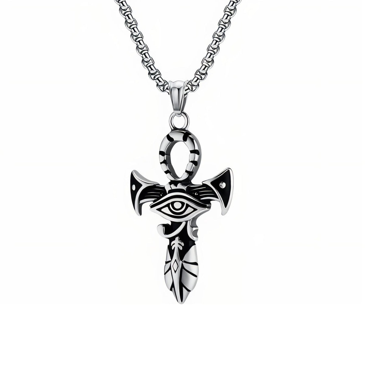 Collier pendentif ankh avec Œil d’Horus pour homme, en acier titane, croix égyptienne aux motifs hiéroglyphiques sculptés