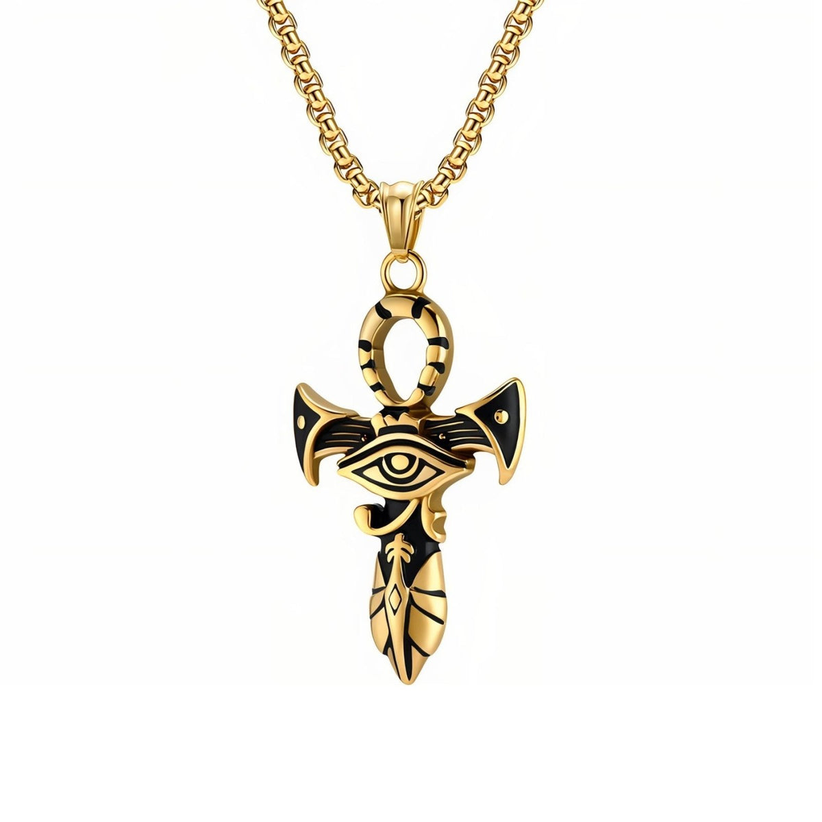 Collier pendentif ankh avec Œil d’Horus pour homme, en acier titane, croix égyptienne aux motifs hiéroglyphiques sculptés
