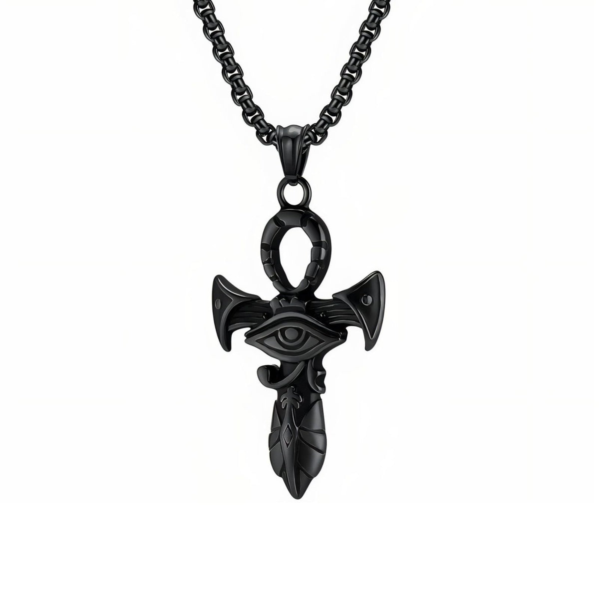 Collier pendentif ankh avec Œil d’Horus pour homme, en acier titane, croix égyptienne aux motifs hiéroglyphiques sculptés