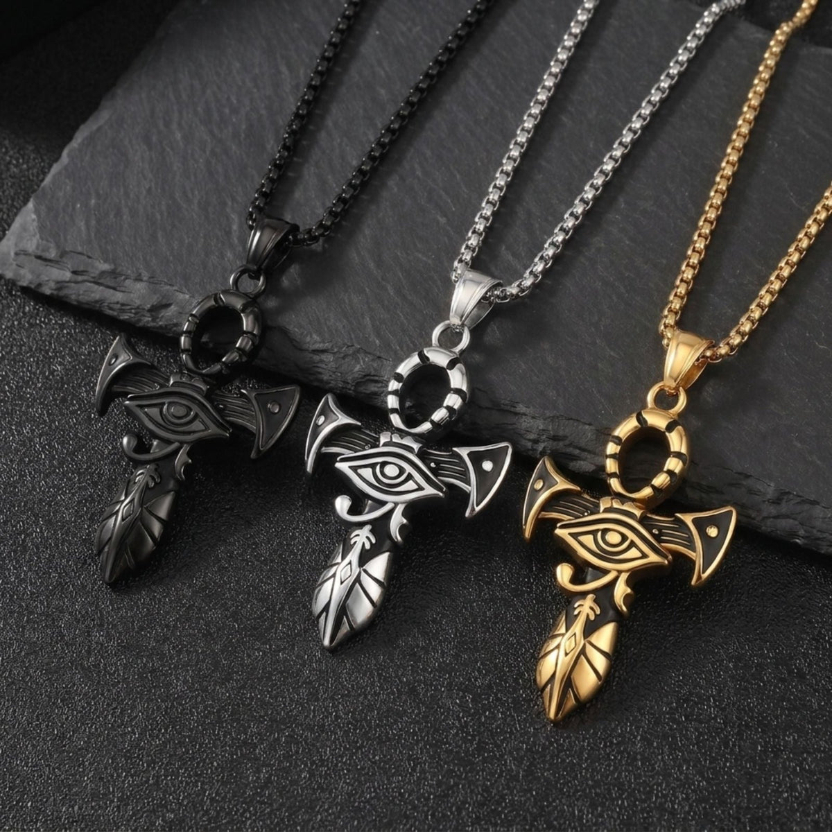 Collier pendentif ankh avec Œil d’Horus pour homme, en acier titane, croix égyptienne aux motifs hiéroglyphiques sculptés