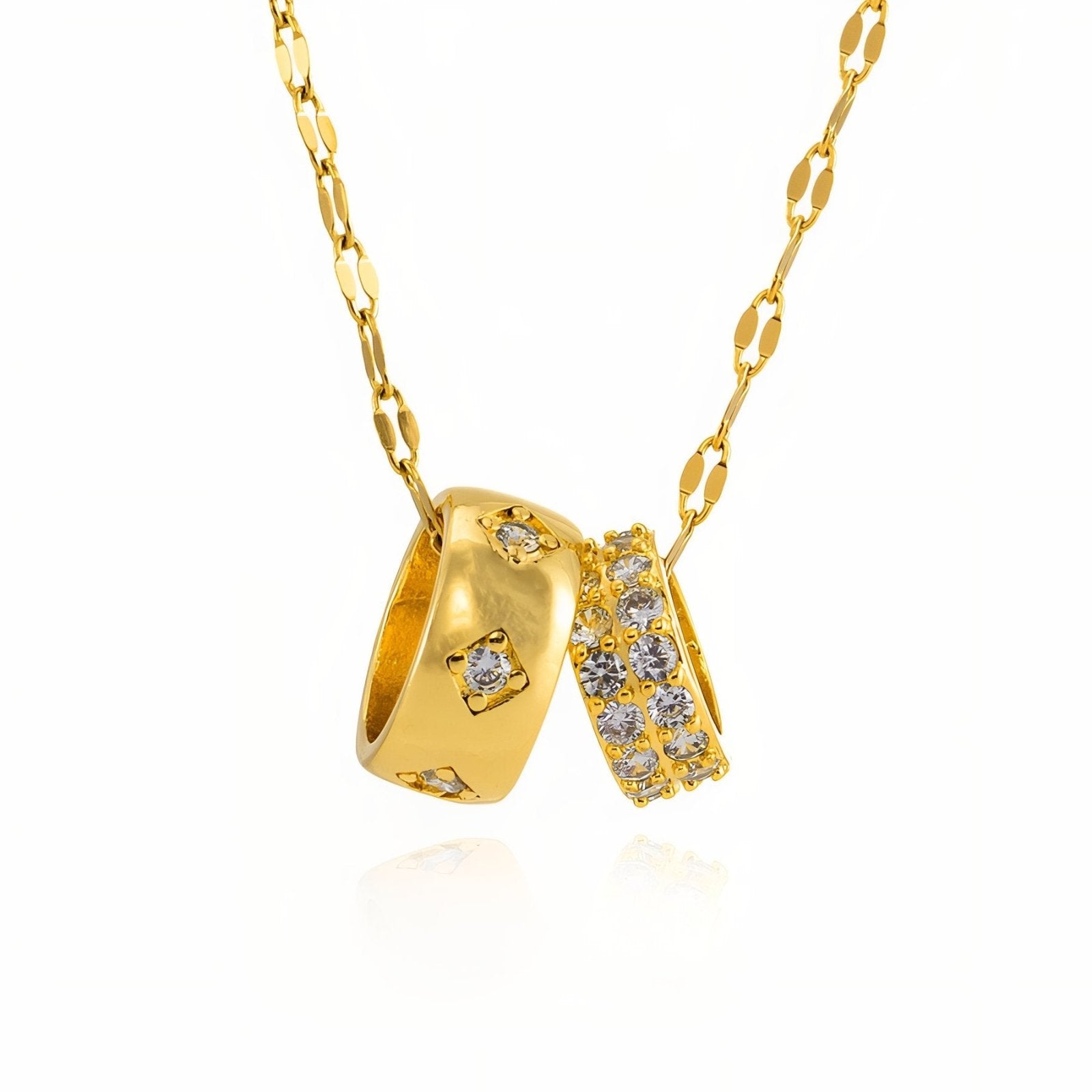 Collier pendentif anneaux luxe, doré, strass brillants pour femme, modèle Valtina
