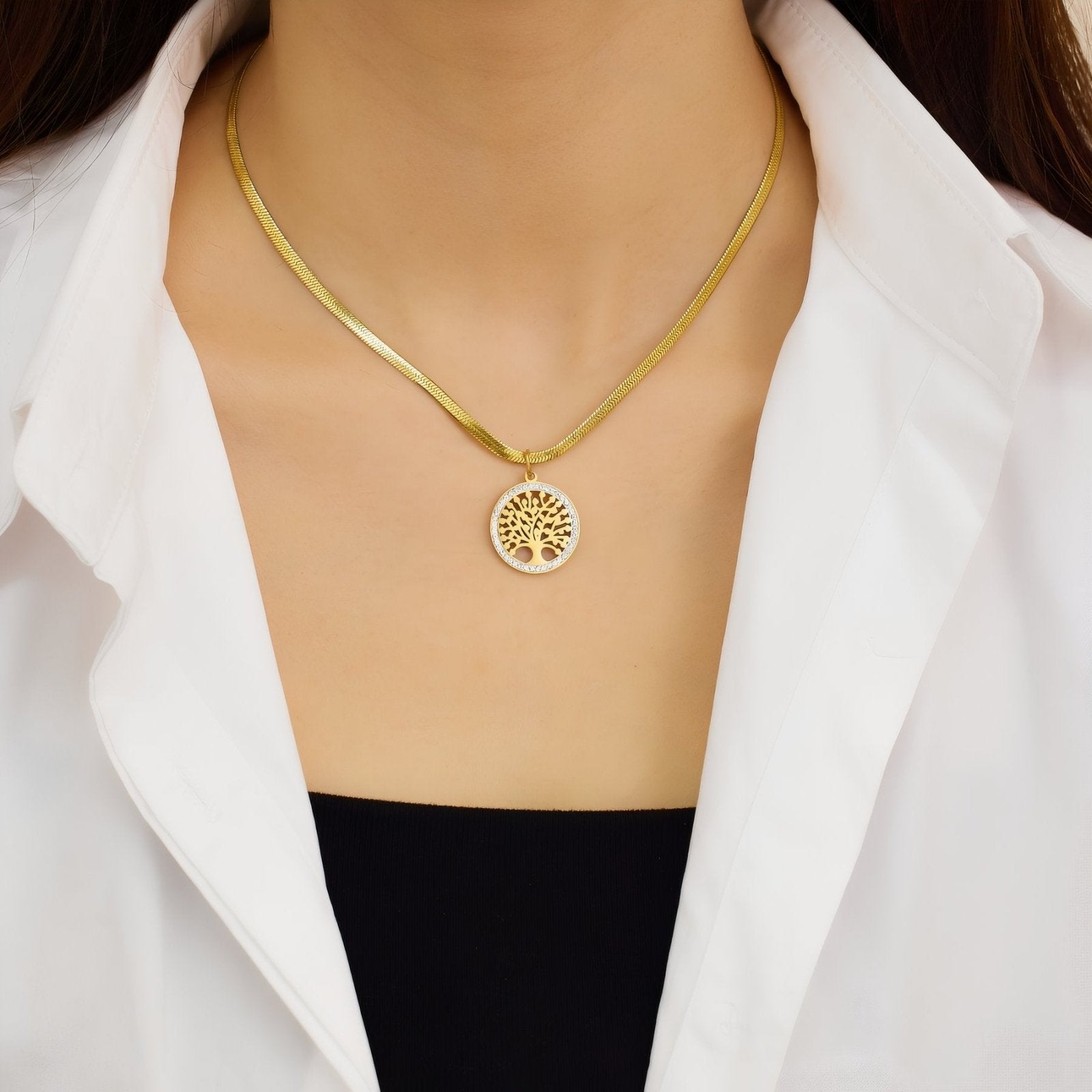 Collier pendentif arbre de vie, chaîne serpent, acier inoxydable plaqué or 18K et zircon