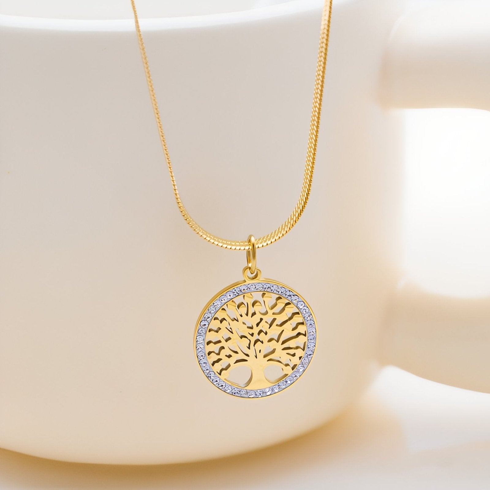 Collier pendentif arbre de vie, chaîne serpent, acier inoxydable plaqué or 18K et zircon