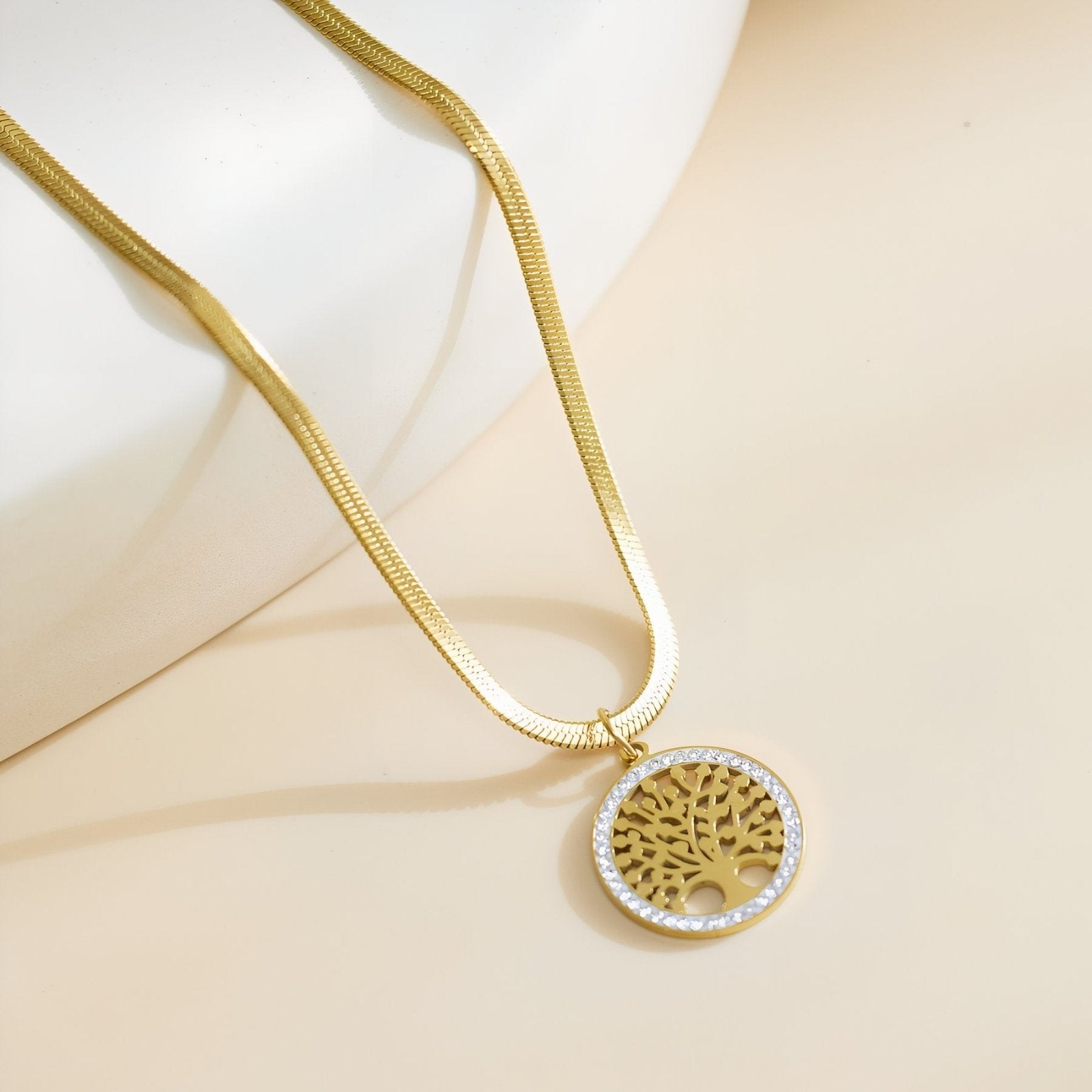 Collier pendentif arbre de vie, chaîne serpent, acier inoxydable plaqué or 18K et zircon