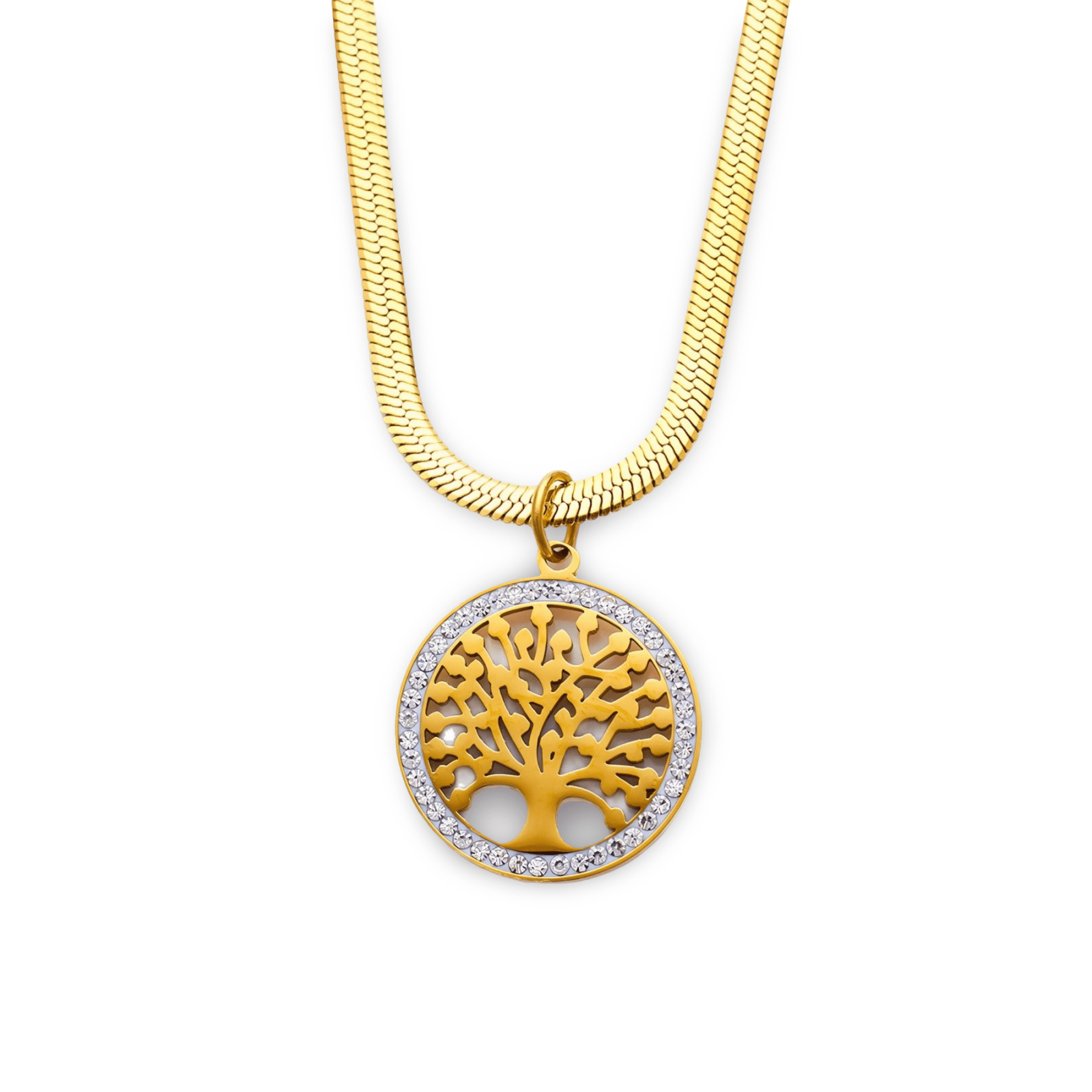 Collier pendentif arbre de vie, chaîne serpent, acier inoxydable plaqué or 18K et zircon