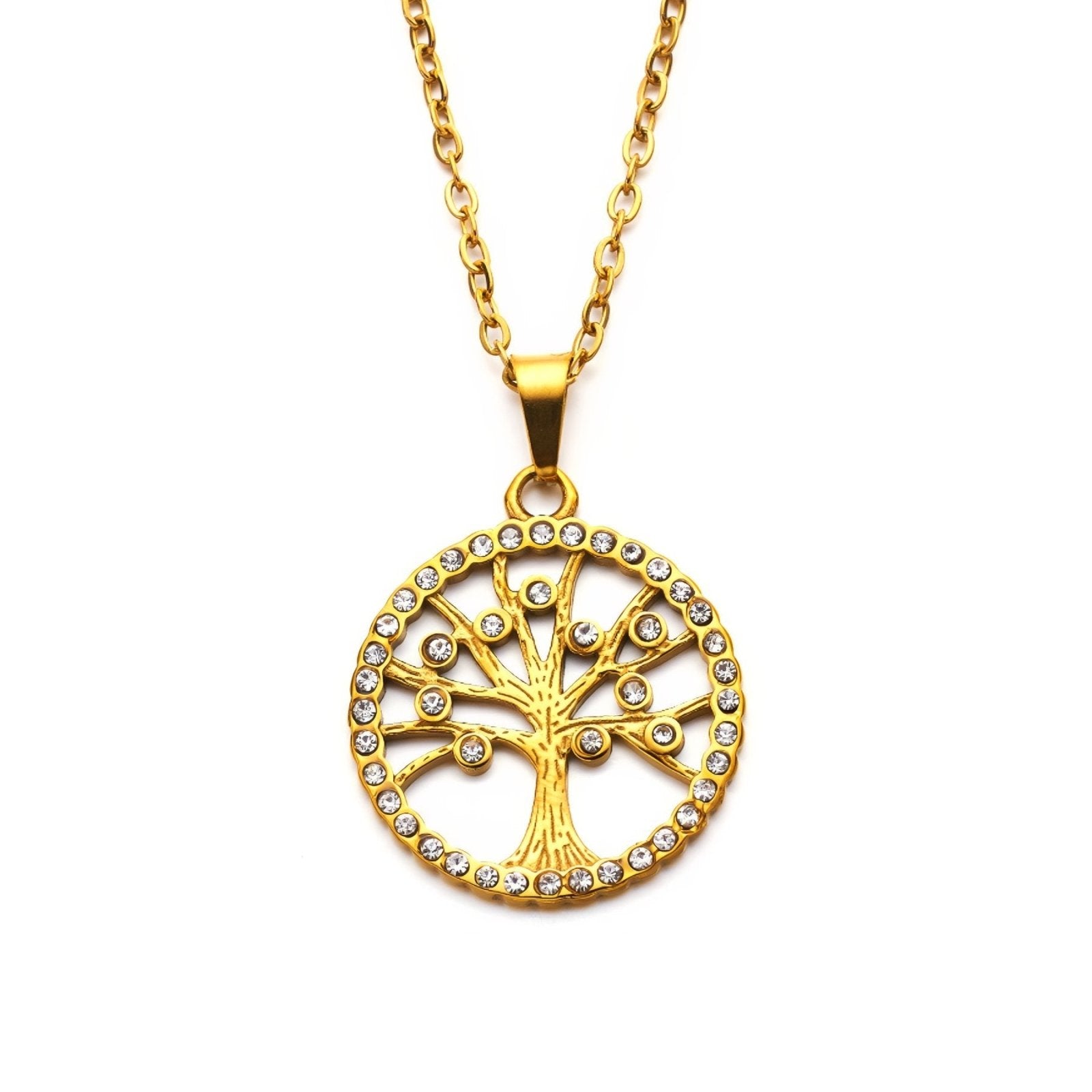 Collier pendentif arbre de vie en acier inoxydable et or 18K, zircons colorés