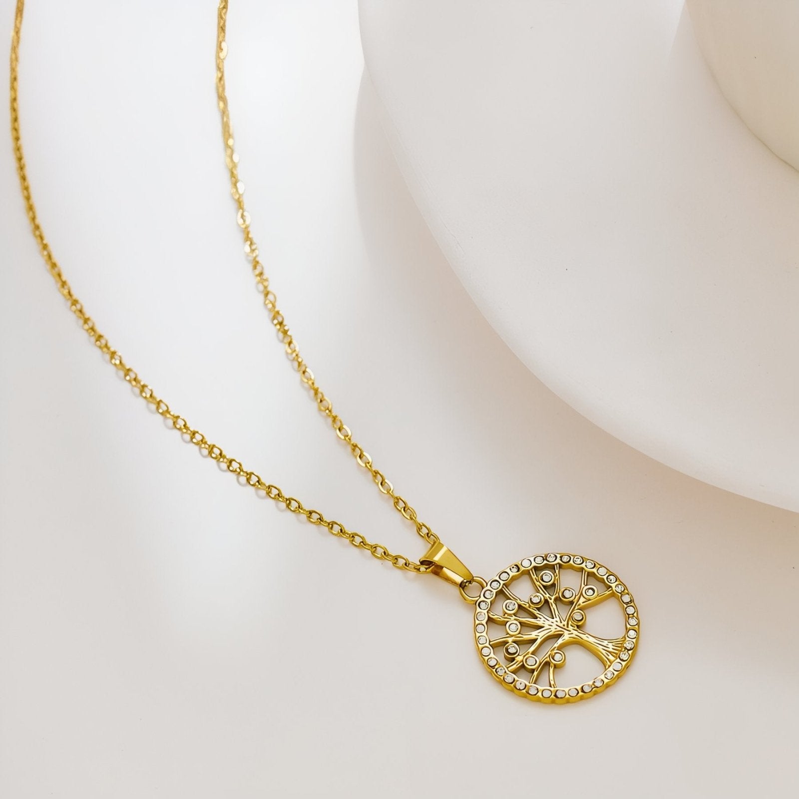 Collier pendentif arbre de vie en acier inoxydable et or 18K, zircons colorés
