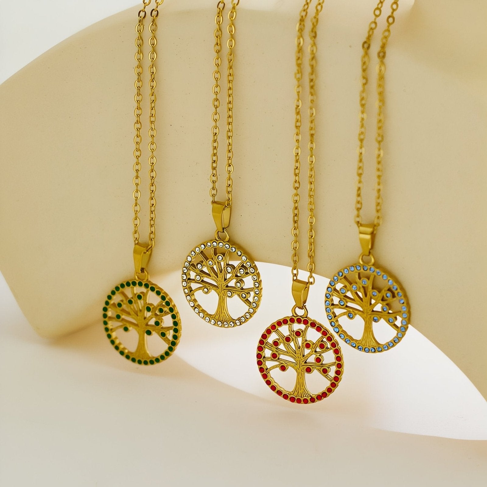 Collier pendentif arbre de vie en acier inoxydable et or 18K, zircons colorés