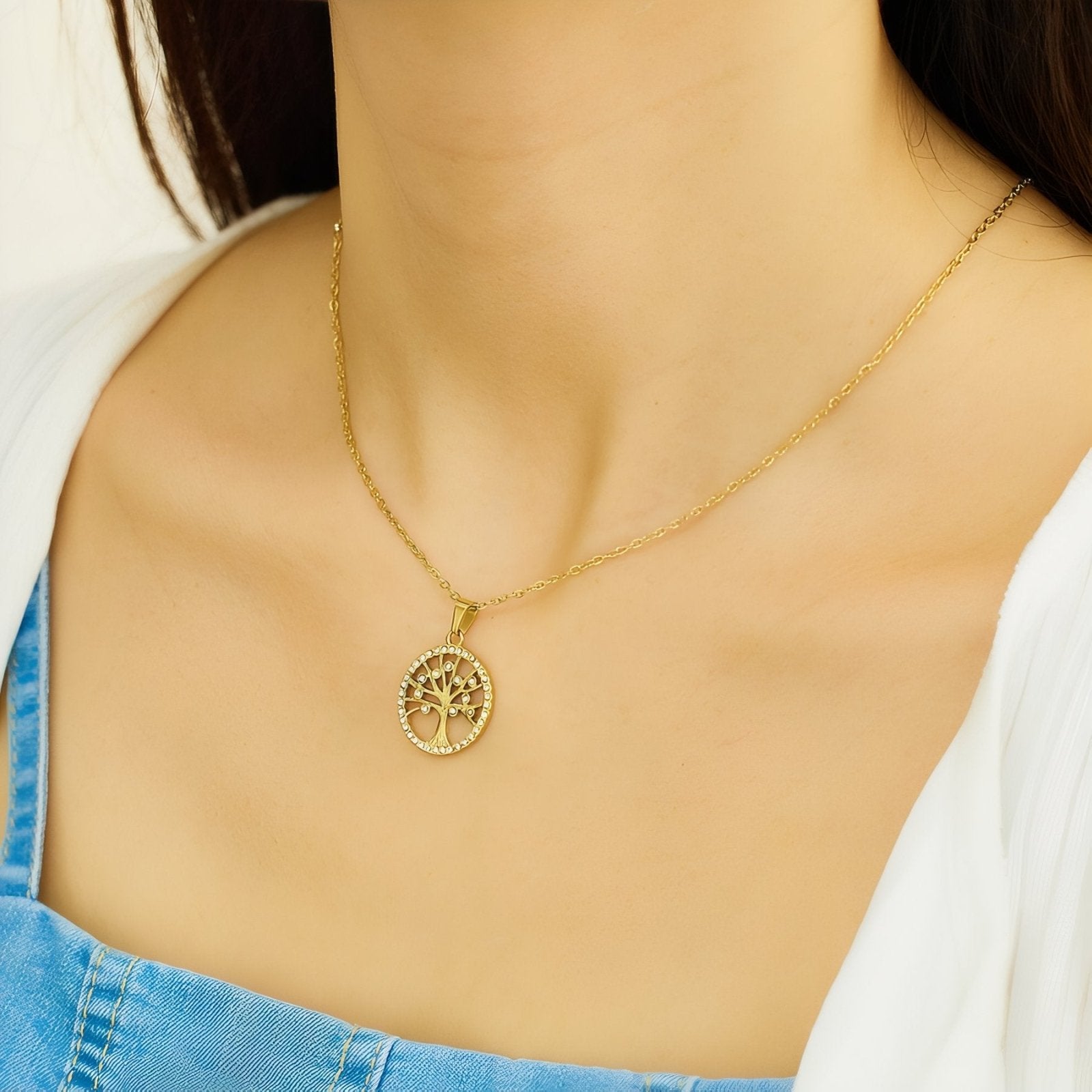 Collier pendentif arbre de vie en acier inoxydable et or 18K, zircons colorés