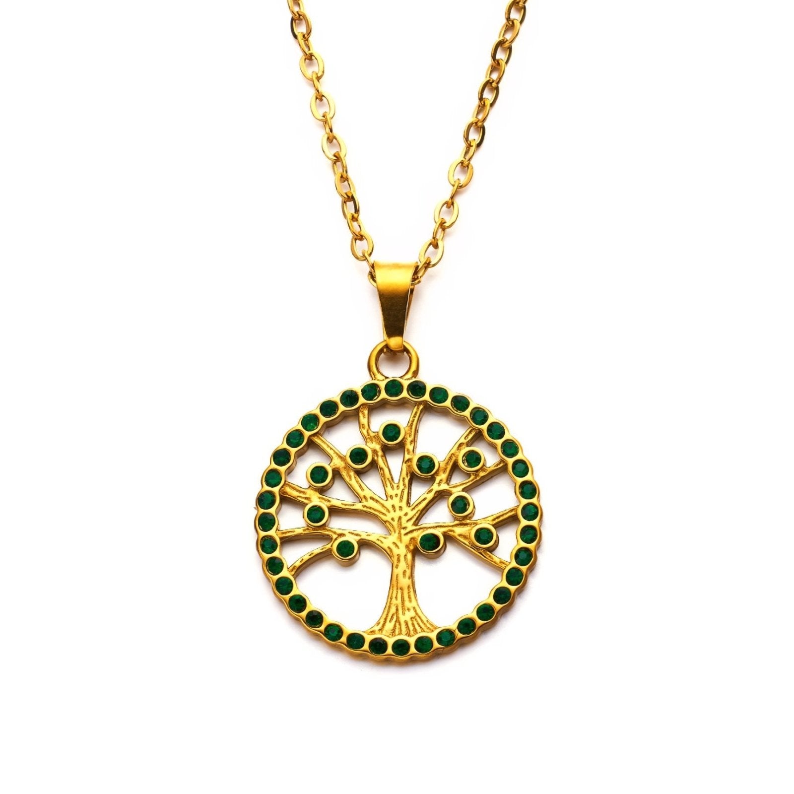Collier pendentif arbre de vie en acier inoxydable et or 18K, zircons colorés