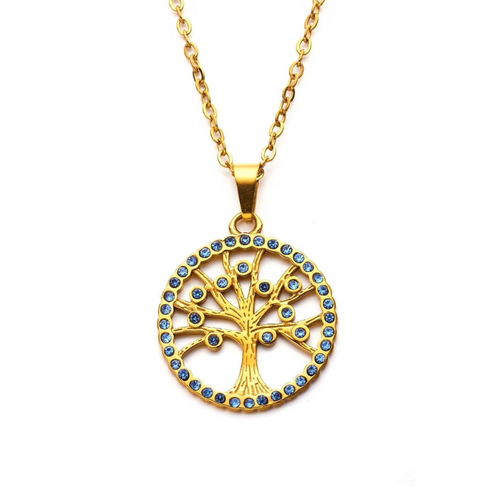 Collier pendentif arbre de vie en acier inoxydable et or 18K, zircons colorés