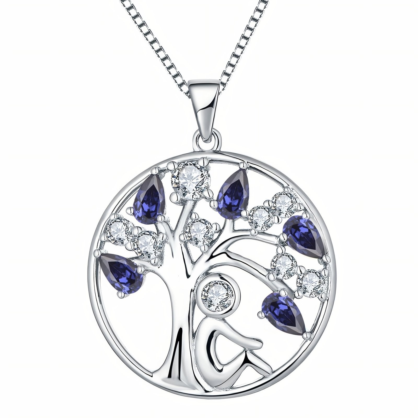 Collier pendentif arbre de vie et personnage assis, avec zircon, en argent 925