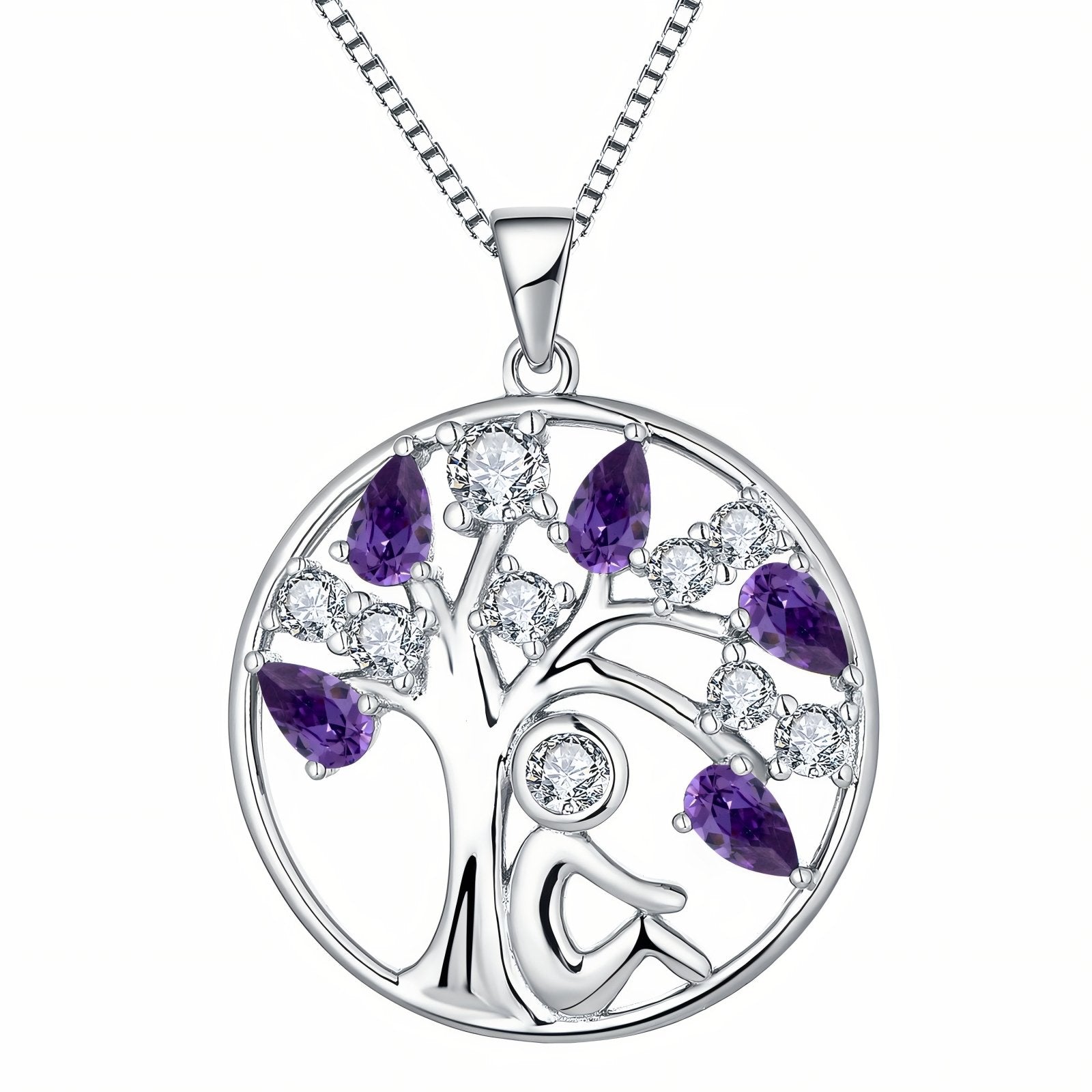 Collier pendentif arbre de vie et personnage assis, avec zircon, en argent 925