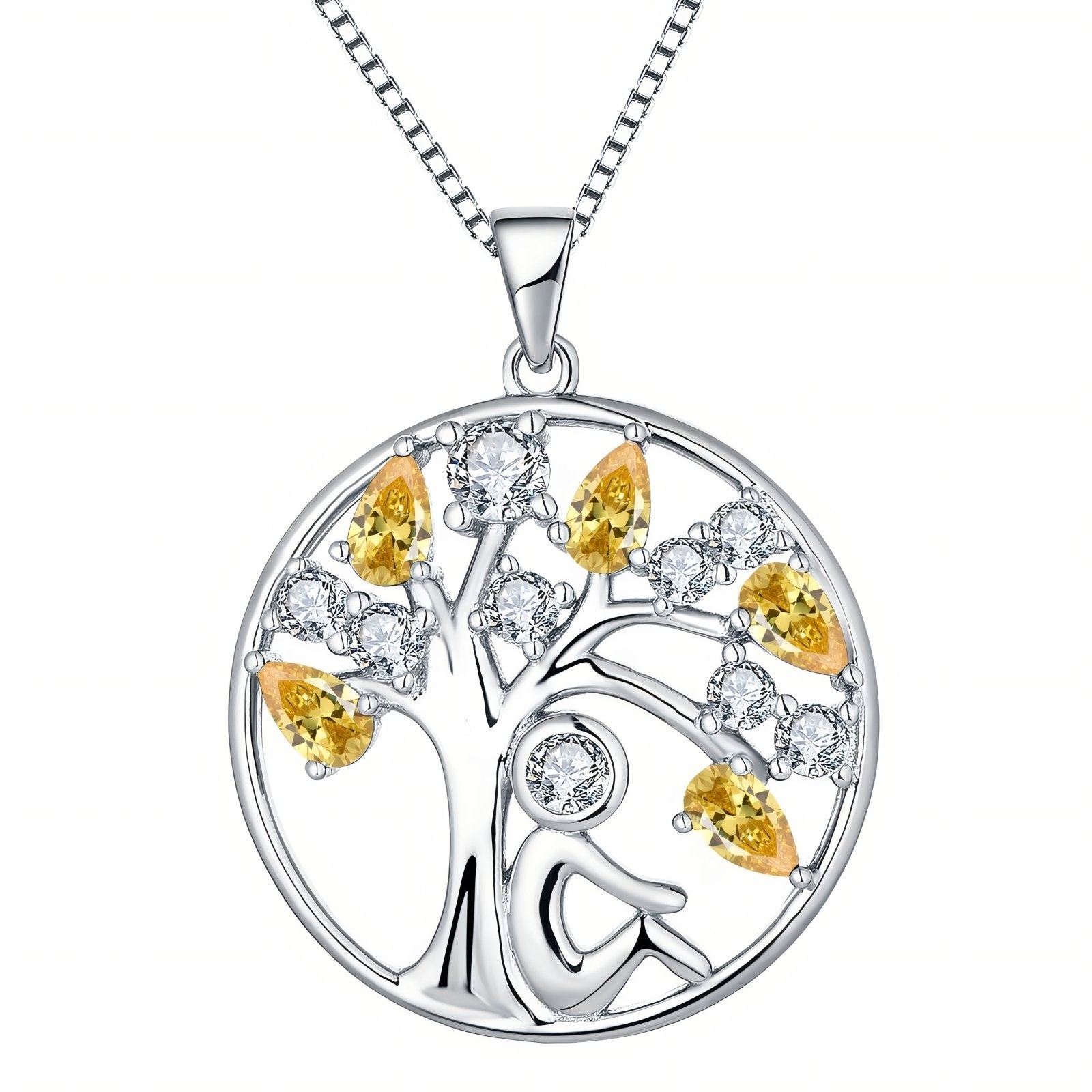 Collier pendentif arbre de vie et personnage assis, avec zircon, en argent 925