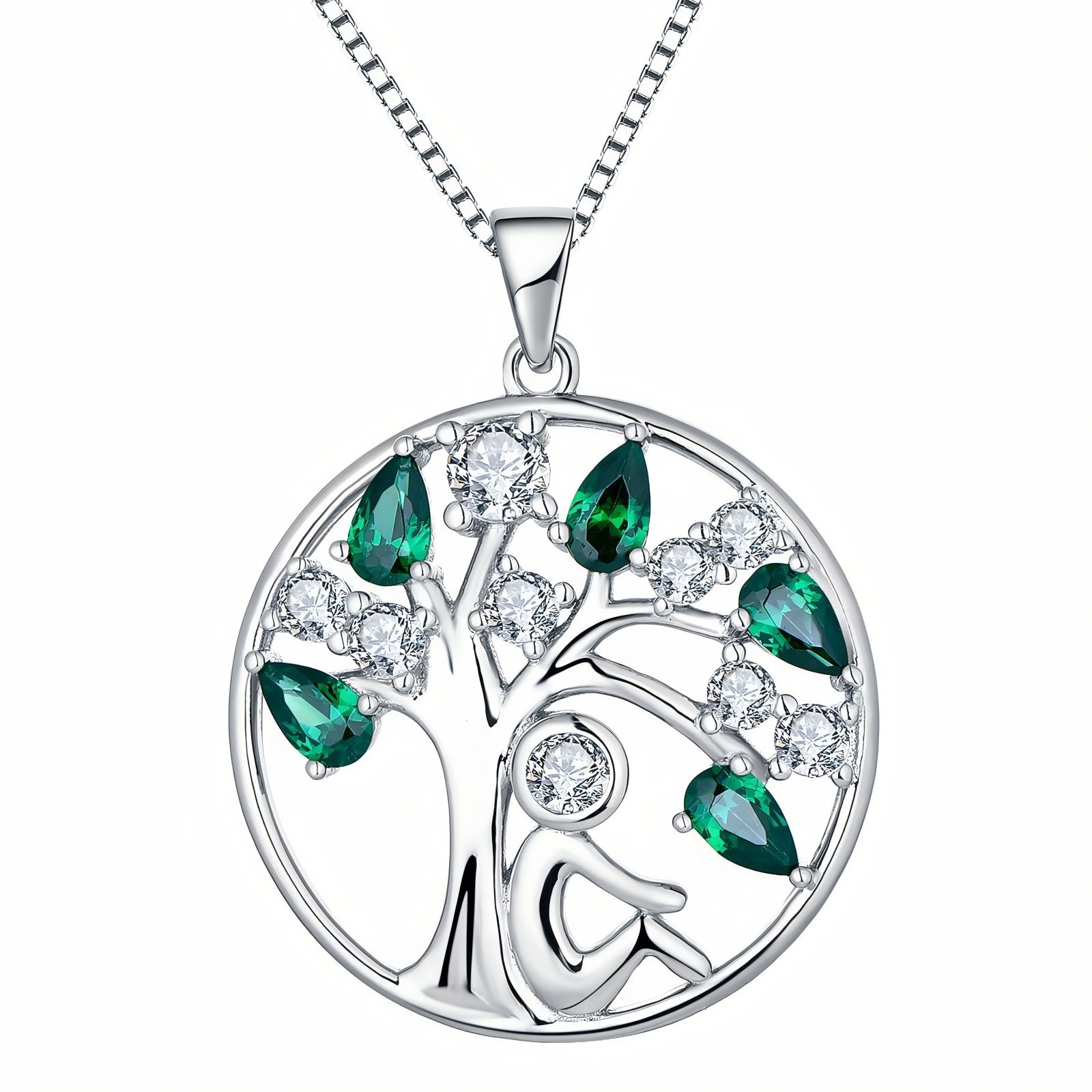 Collier pendentif arbre de vie et personnage assis, avec zircon, en argent 925