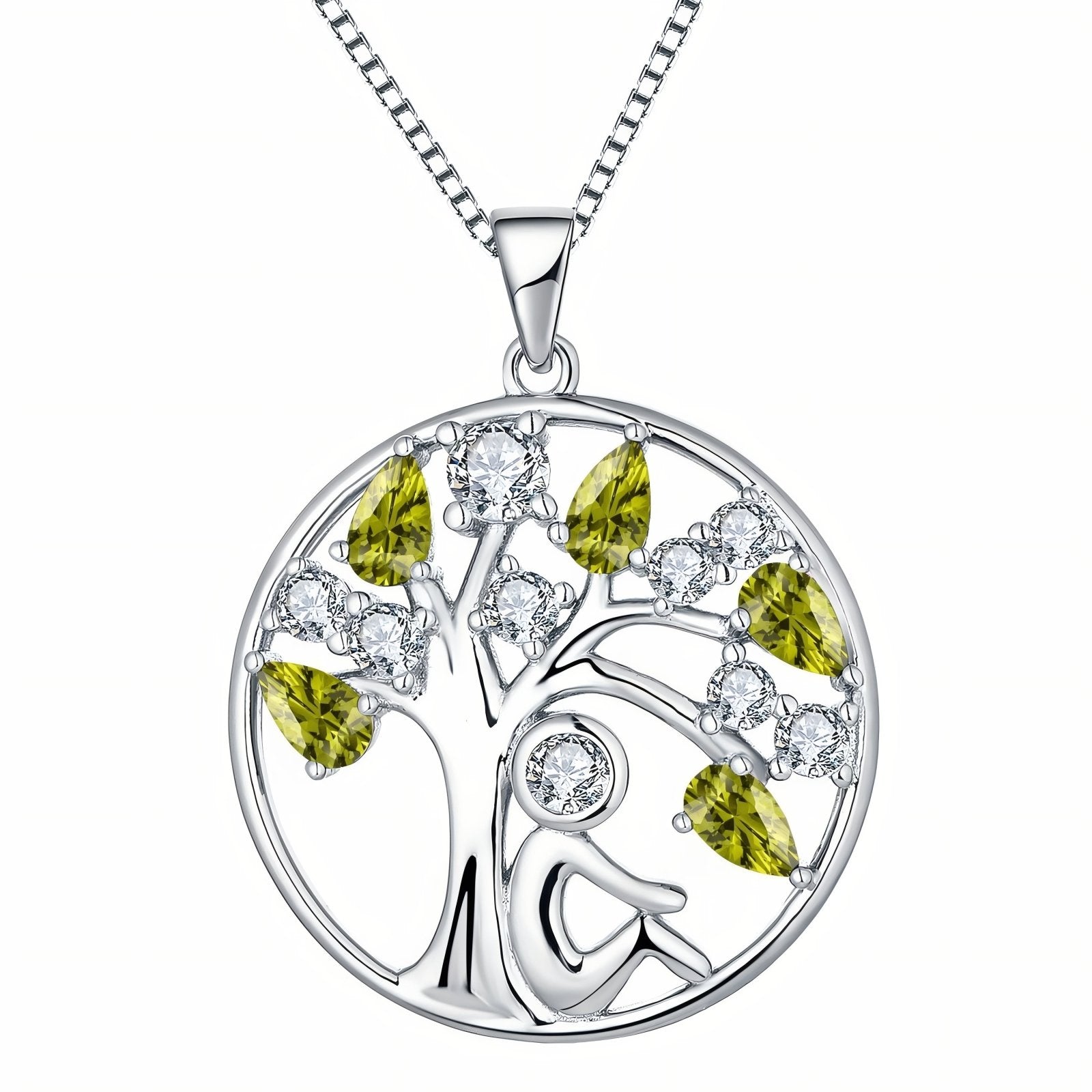 Collier pendentif arbre de vie et personnage assis, avec zircon, en argent 925