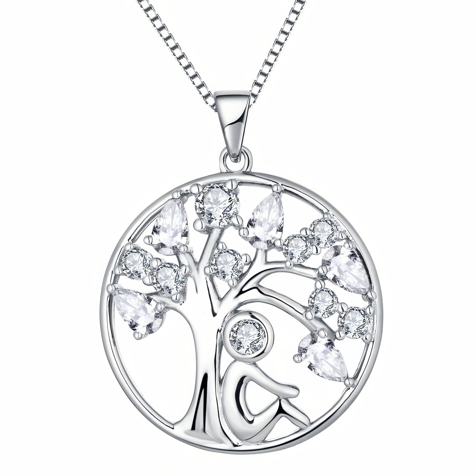 Collier pendentif arbre de vie et personnage assis, avec zircon, en argent 925