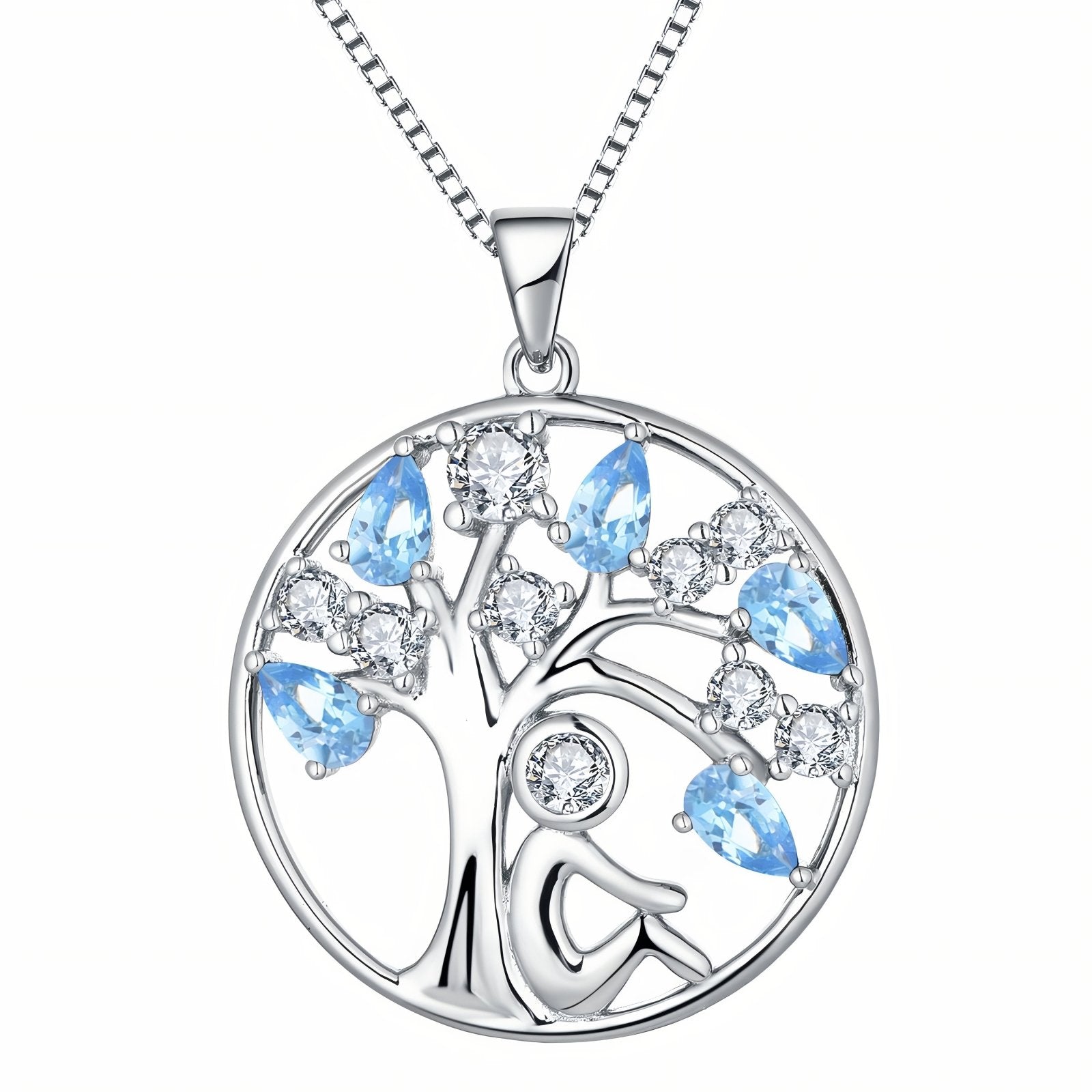 Collier pendentif arbre de vie et personnage assis, avec zircon, en argent 925