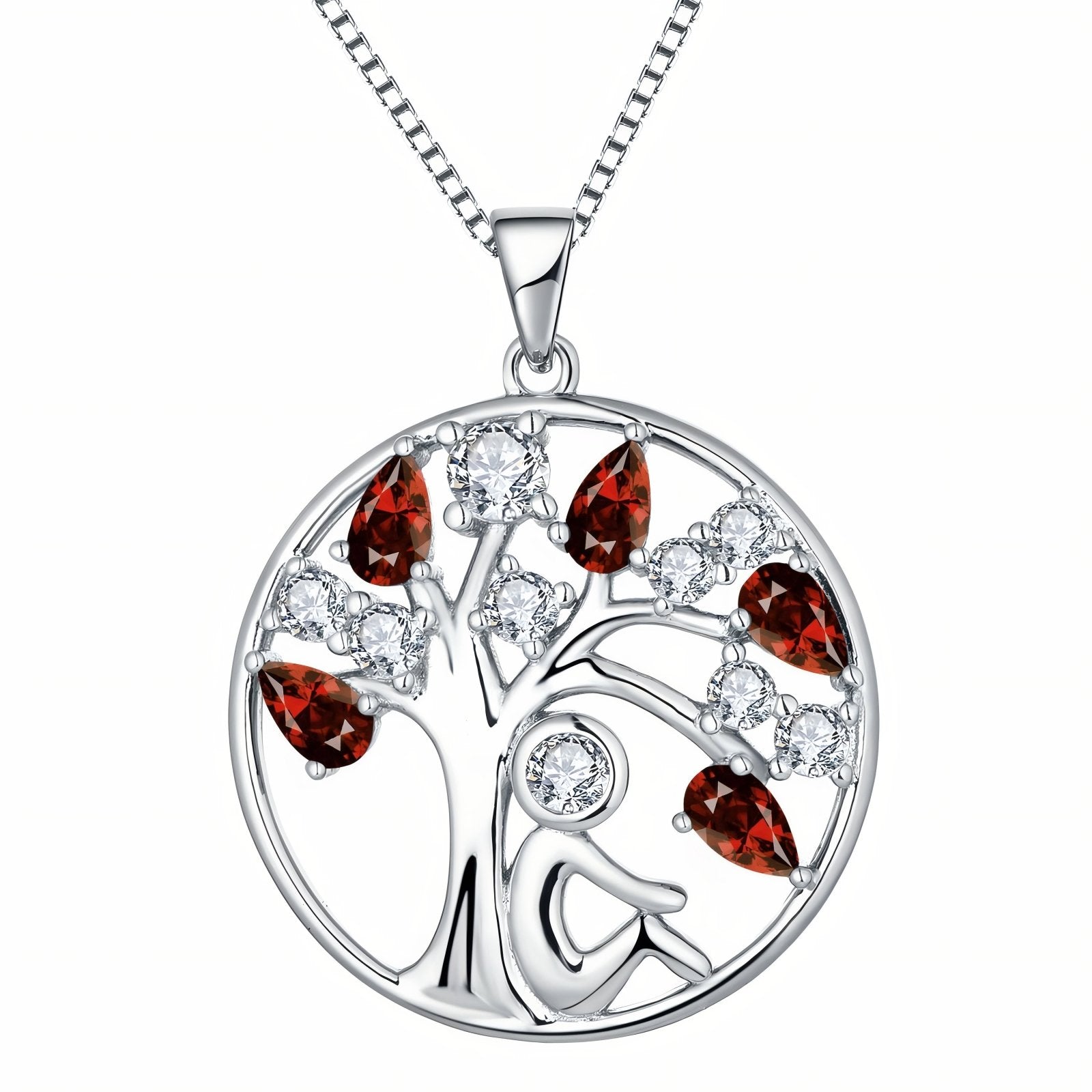 Collier pendentif arbre de vie et personnage assis, avec zircon, en argent 925