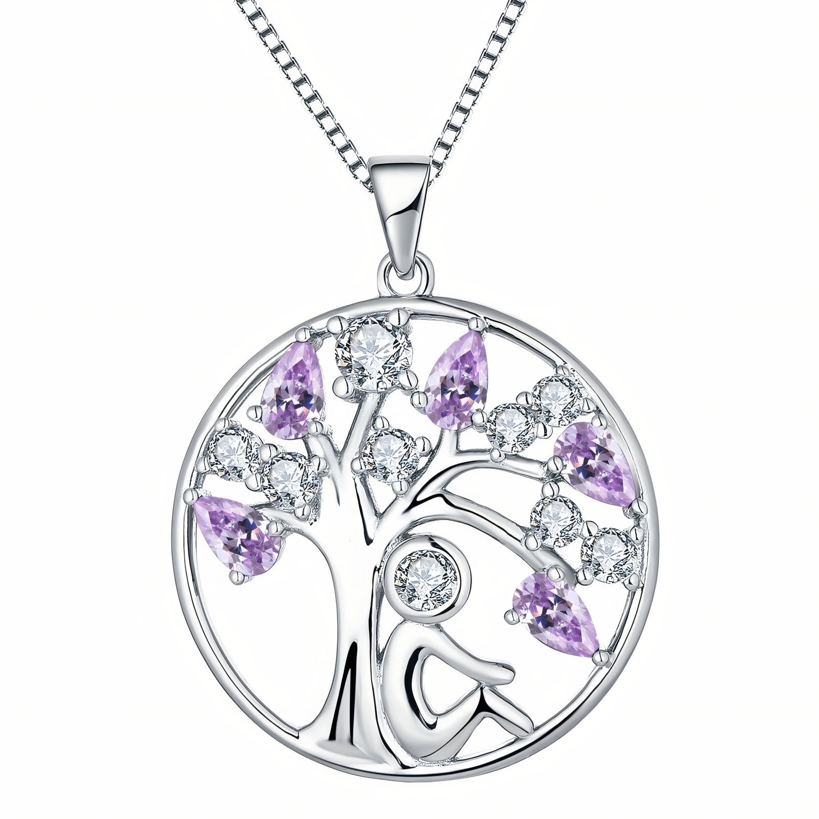 Collier pendentif arbre de vie et personnage assis, avec zircon, en argent 925