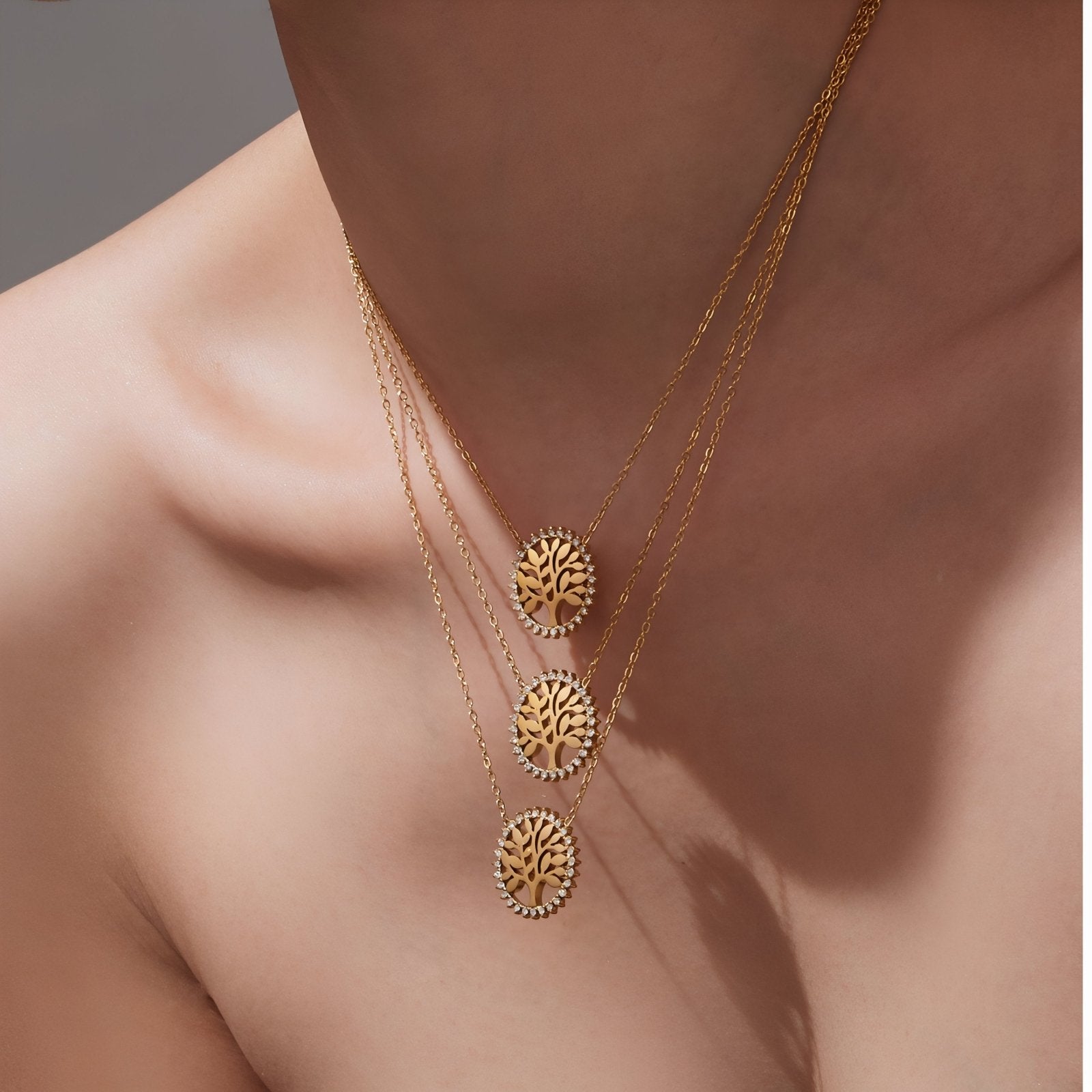 Collier pendentif arbre de vie pour femme, avec zircon, en acier inoxydable