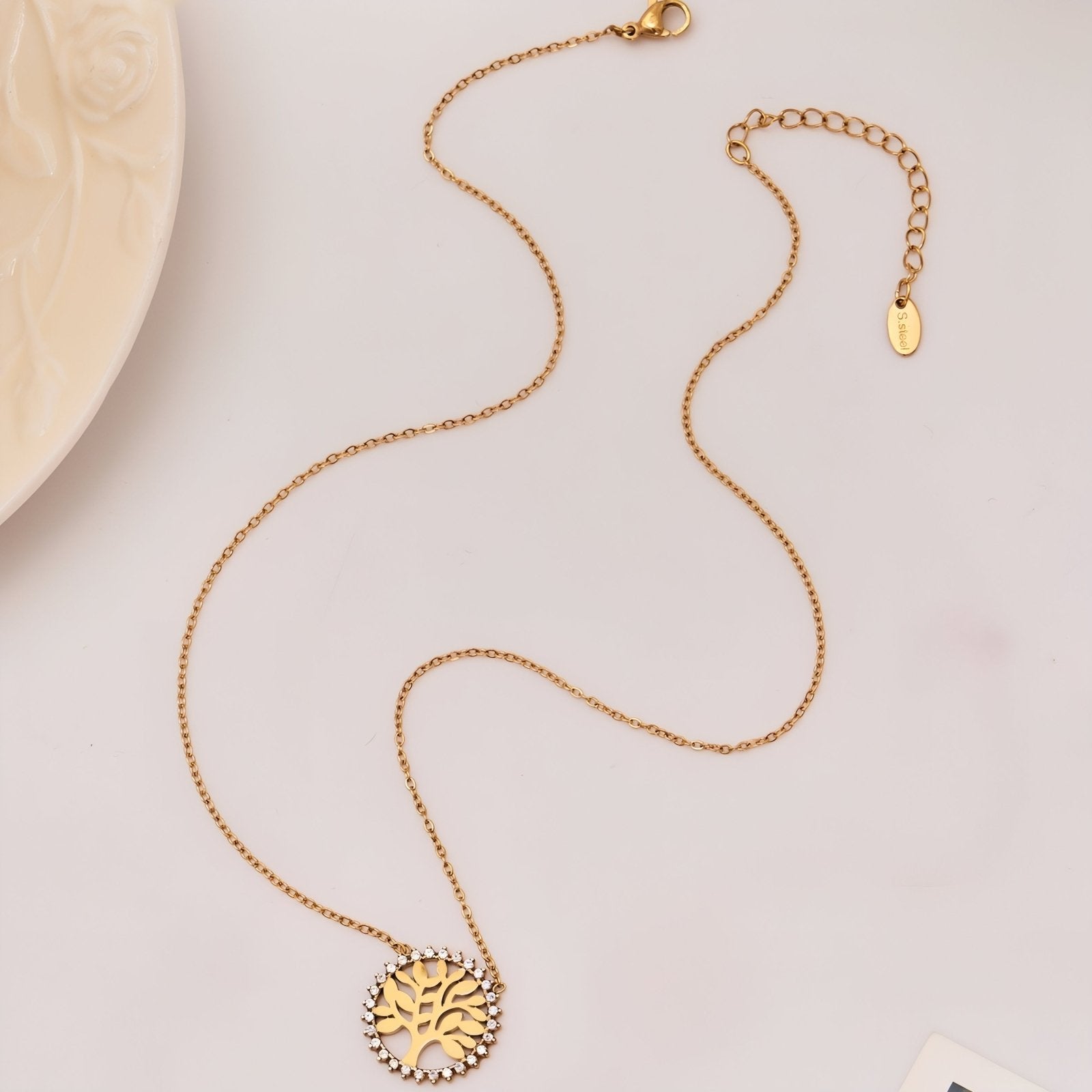 Collier pendentif arbre de vie pour femme, avec zircon, en acier inoxydable