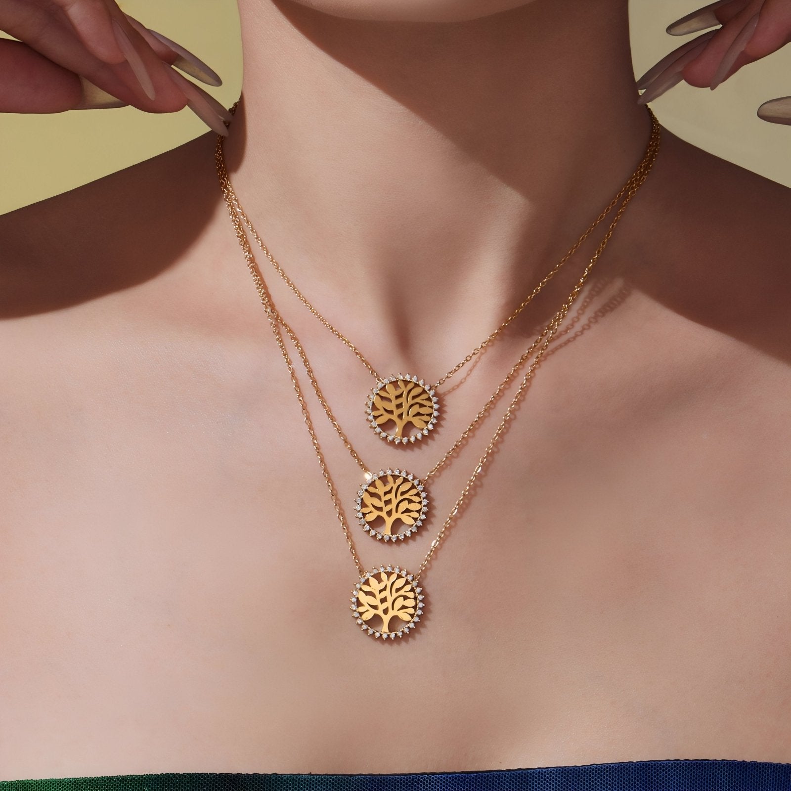 Collier pendentif arbre de vie pour femme, avec zircon, en acier inoxydable