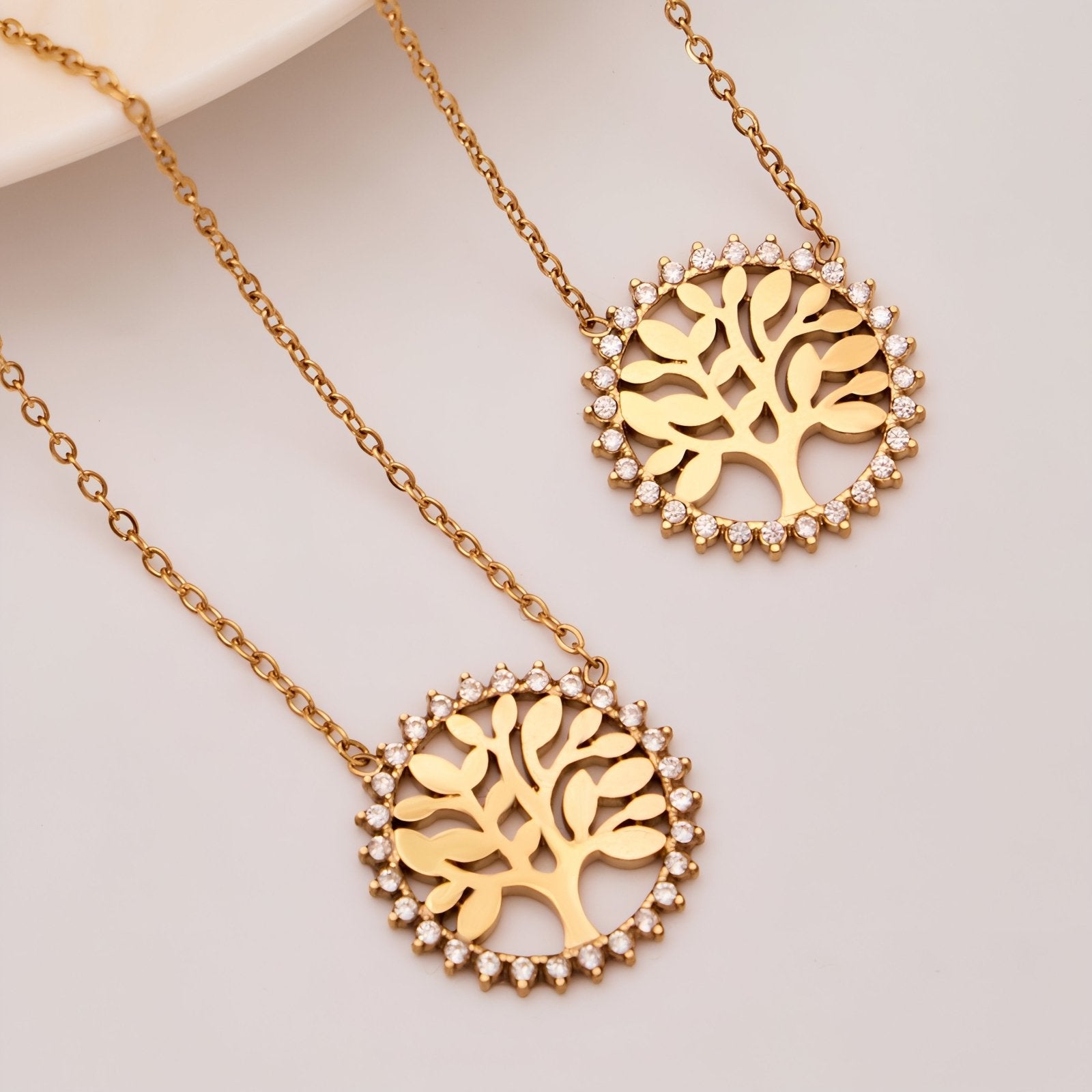 Collier pendentif arbre de vie pour femme, avec zircon, en acier inoxydable