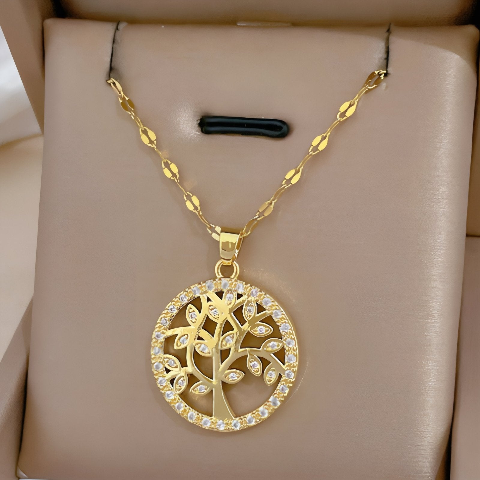 Collier pendentif arbre de vie pour femme en cuivre, avec zircon brillant et chaîne en acier inoxydable